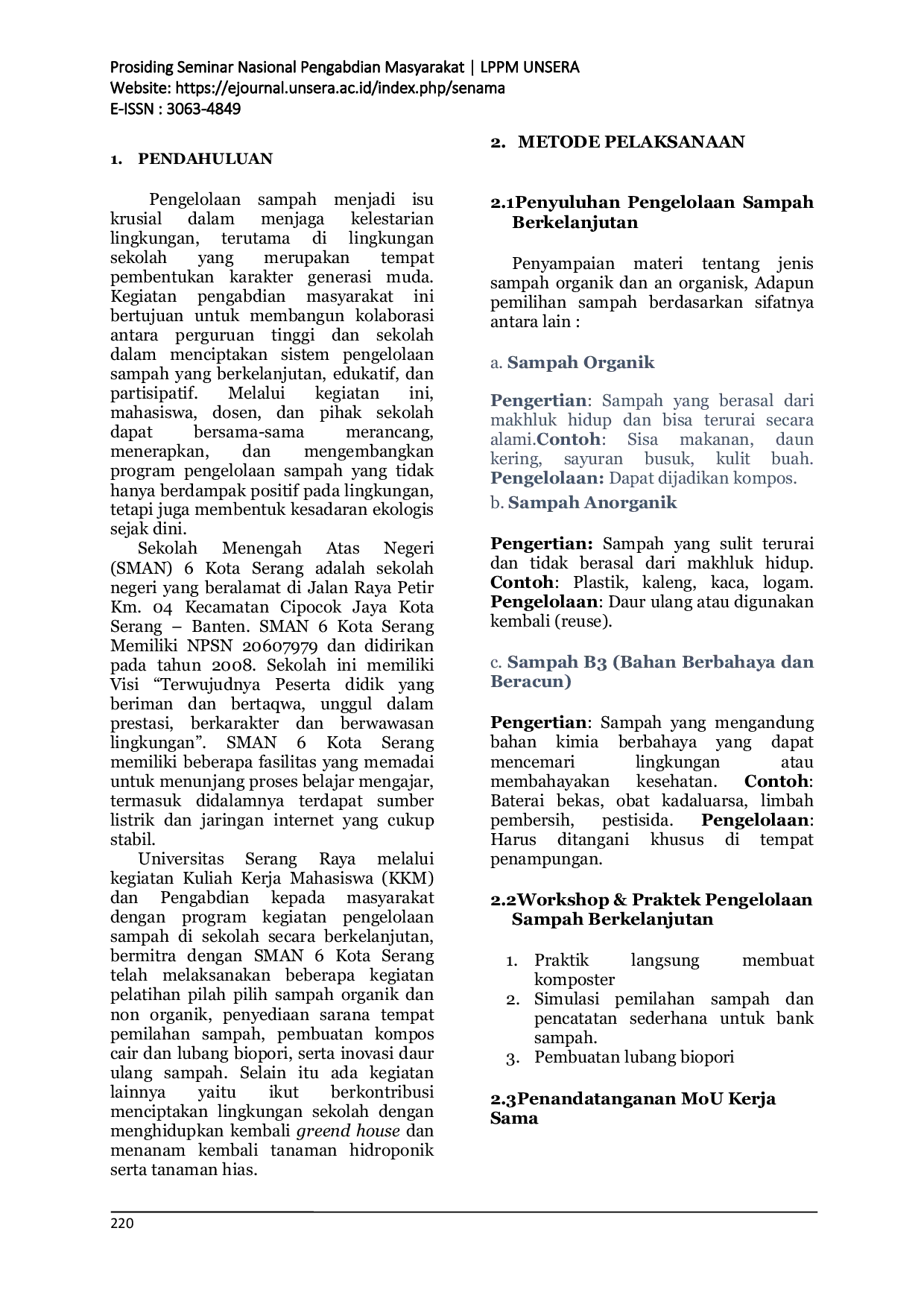 JURIS Kolaborasi Kampus Universitas Serang Raya dengan Sekolah Mengah Atas Negeri 6 Kota Serang Dalam Pengelolaan Sampah Berkelanjutan