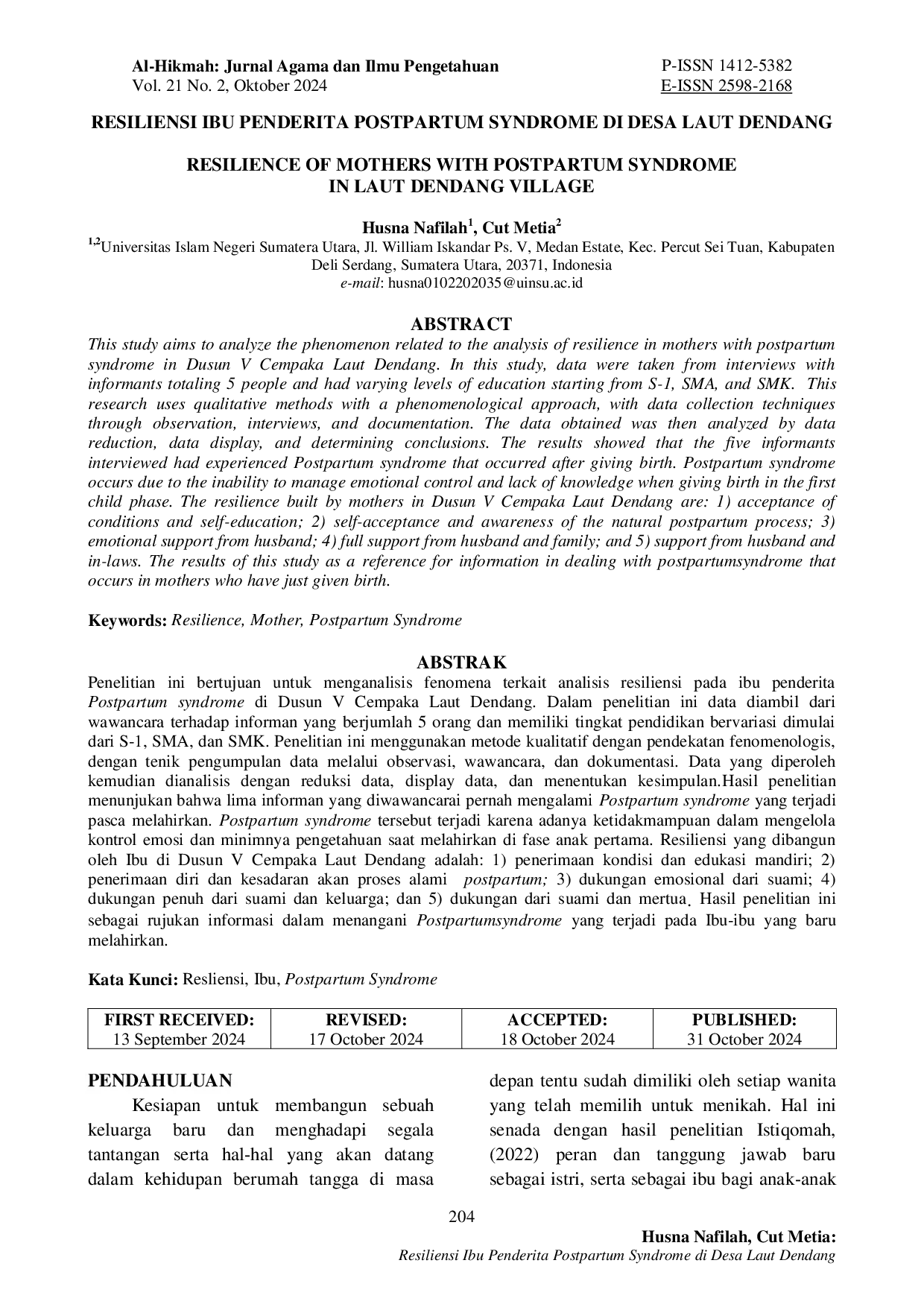 JURIS Resiliensi Ibu Penderita Postpartum Syndrome di Desa Laut Dendang