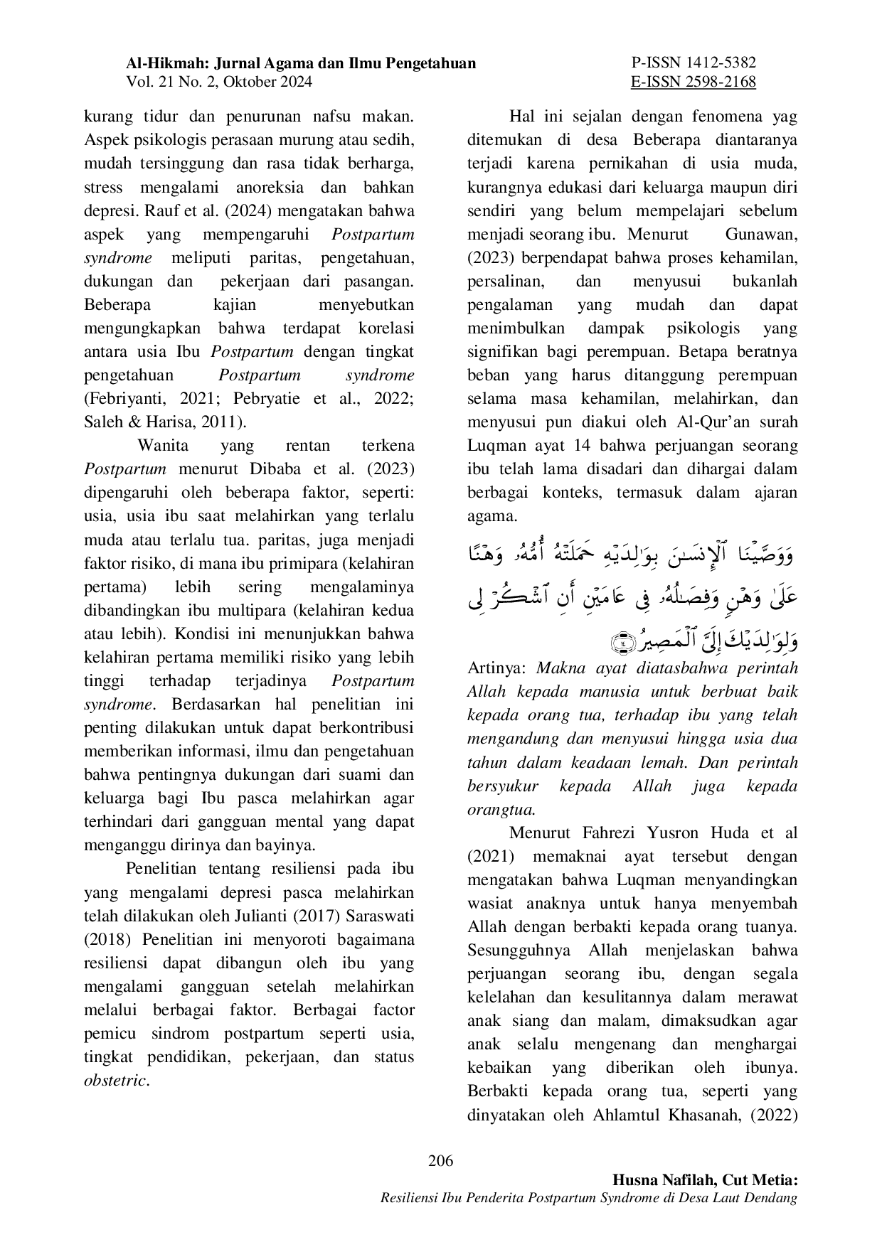 JURIS Resiliensi Ibu Penderita Postpartum Syndrome di Desa Laut Dendang