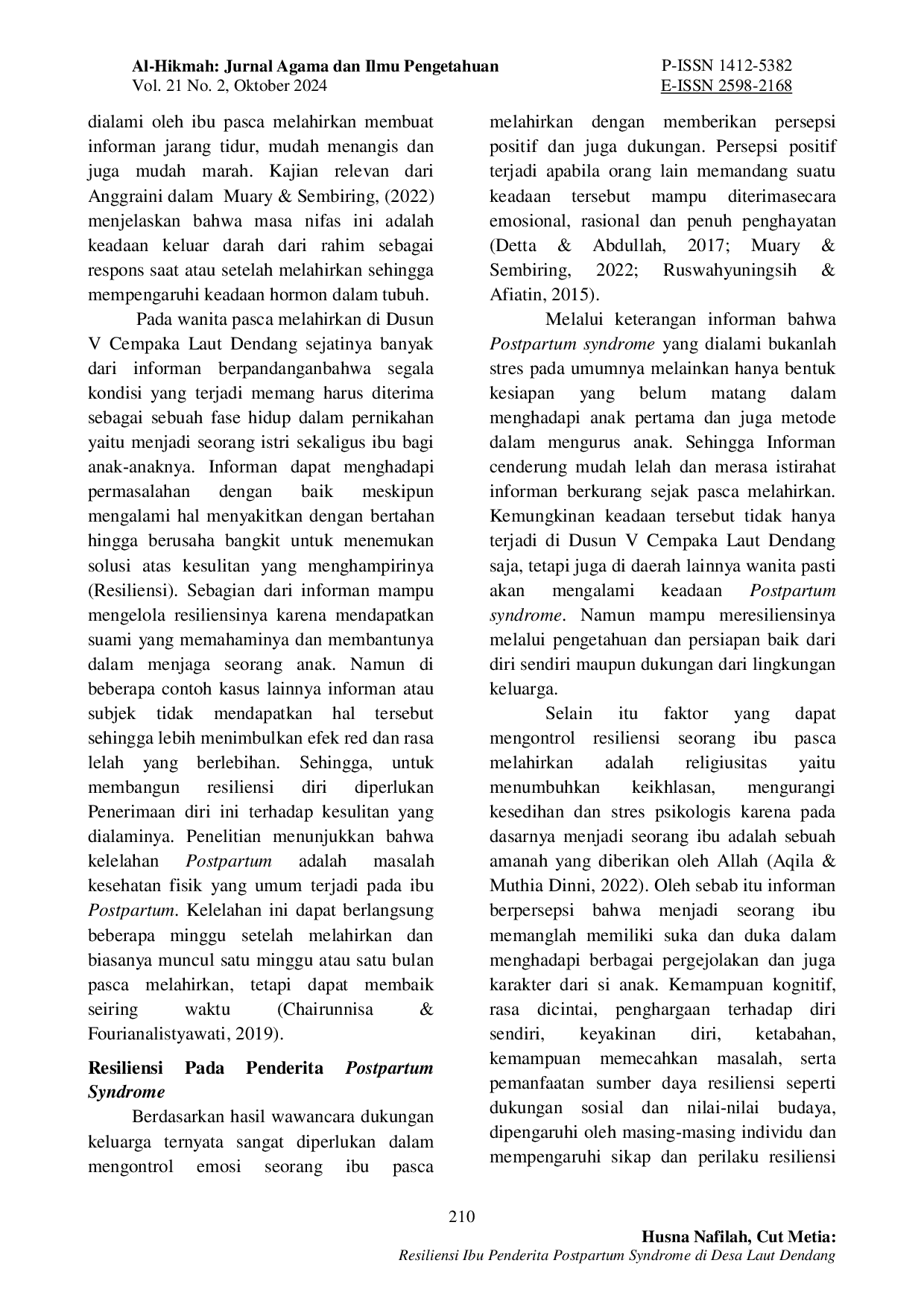 JURIS Resiliensi Ibu Penderita Postpartum Syndrome di Desa Laut Dendang