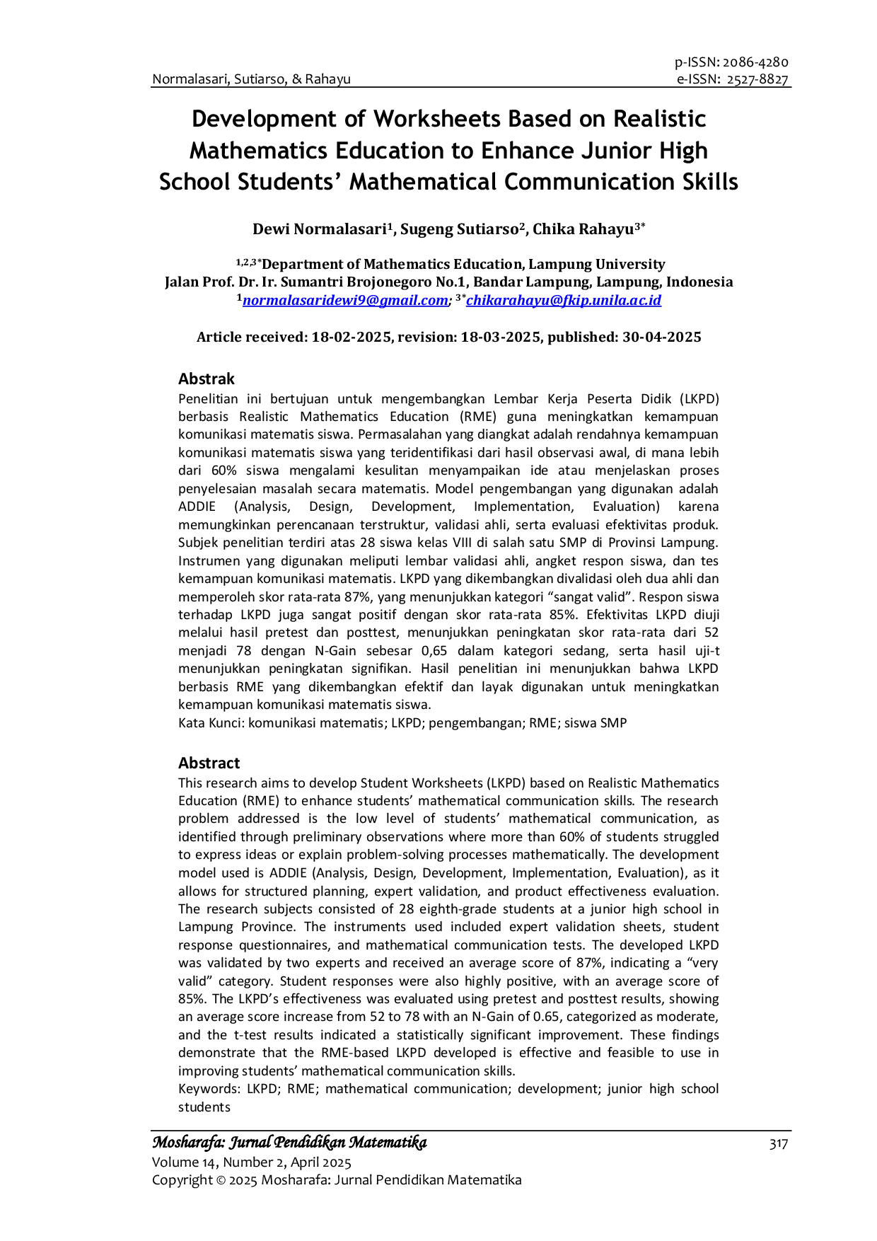JURIS Development of Worksheets Based on Realistic Mathematics Education to Enhance Junior High School Students Mathematical Communication Skills