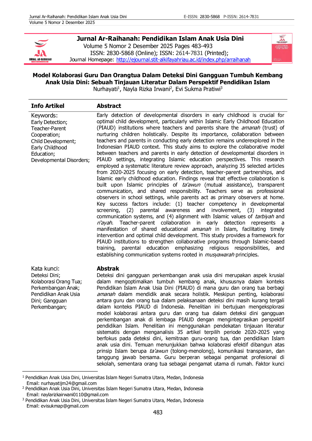 JURIS Model Kolaborasi Guru Dan Orangtua Dalam Deteksi Dini Gangguan Tumbuh Kembang Anak Usia Dini Sebuah Tinjauan Literatur Dalam Perspektif Pendidikan Islam