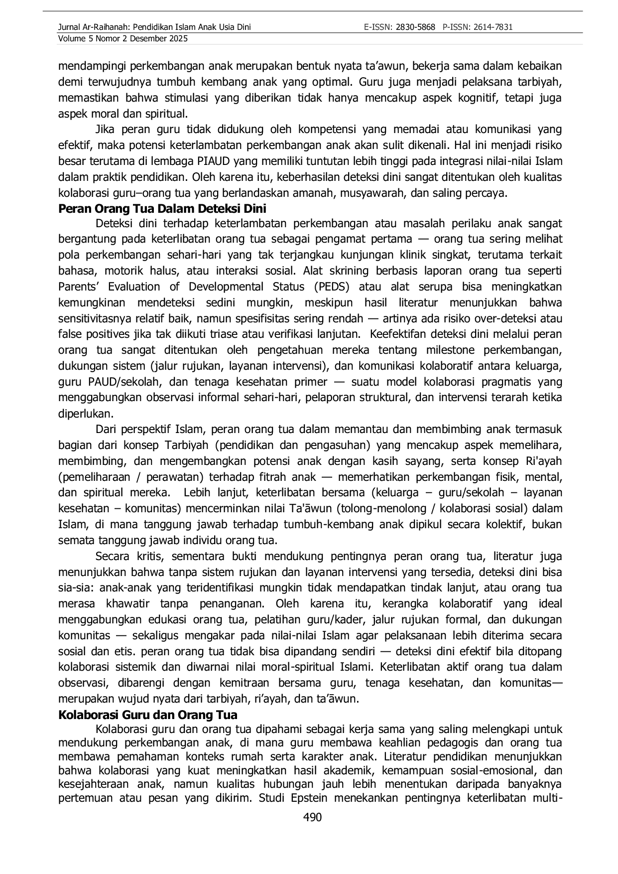 JURIS Model Kolaborasi Guru Dan Orangtua Dalam Deteksi Dini Gangguan Tumbuh Kembang Anak Usia Dini Sebuah Tinjauan Literatur Dalam Perspektif Pendidikan Islam