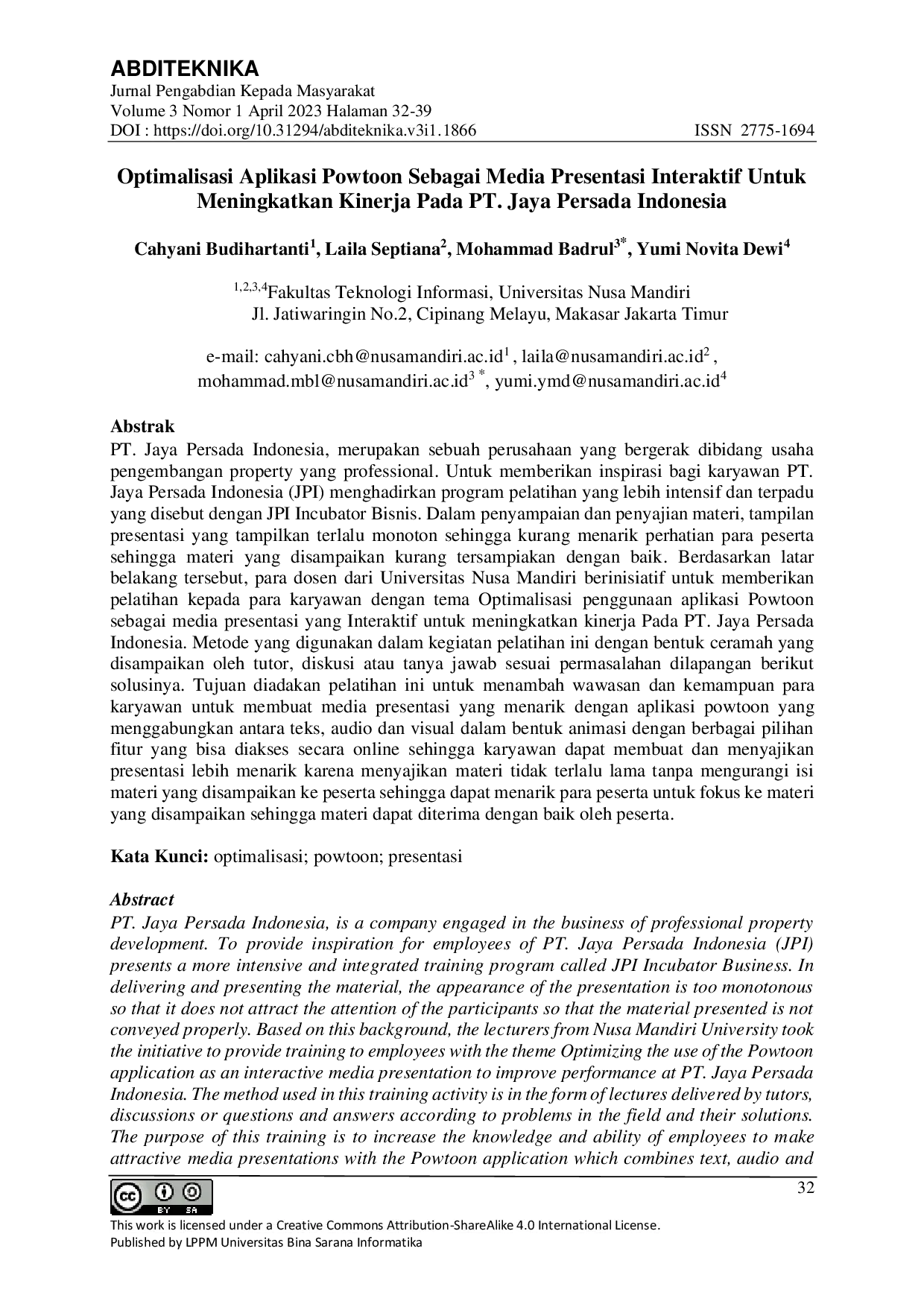 JURIS Optimalisasi Aplikasi Powtoon Sebagai Media Presentasi Interaktif Untuk Meningkatkan Kinerja Pada PT Jaya Persada Indonesia