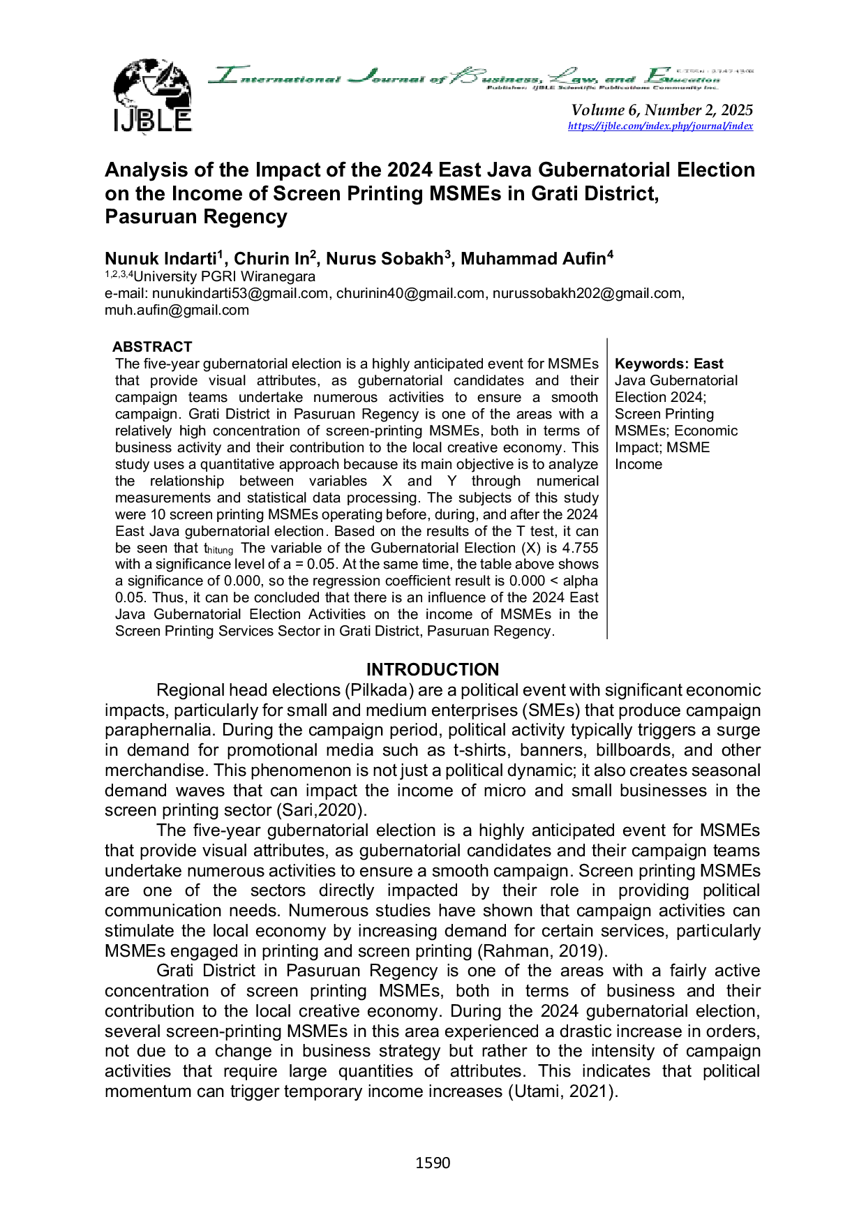 JURIS Analysis of the Impact of the 2024 East Java Gubernatorial Election on the Income of Screen Printing MSMEs in Grati District Pasuruan Regency