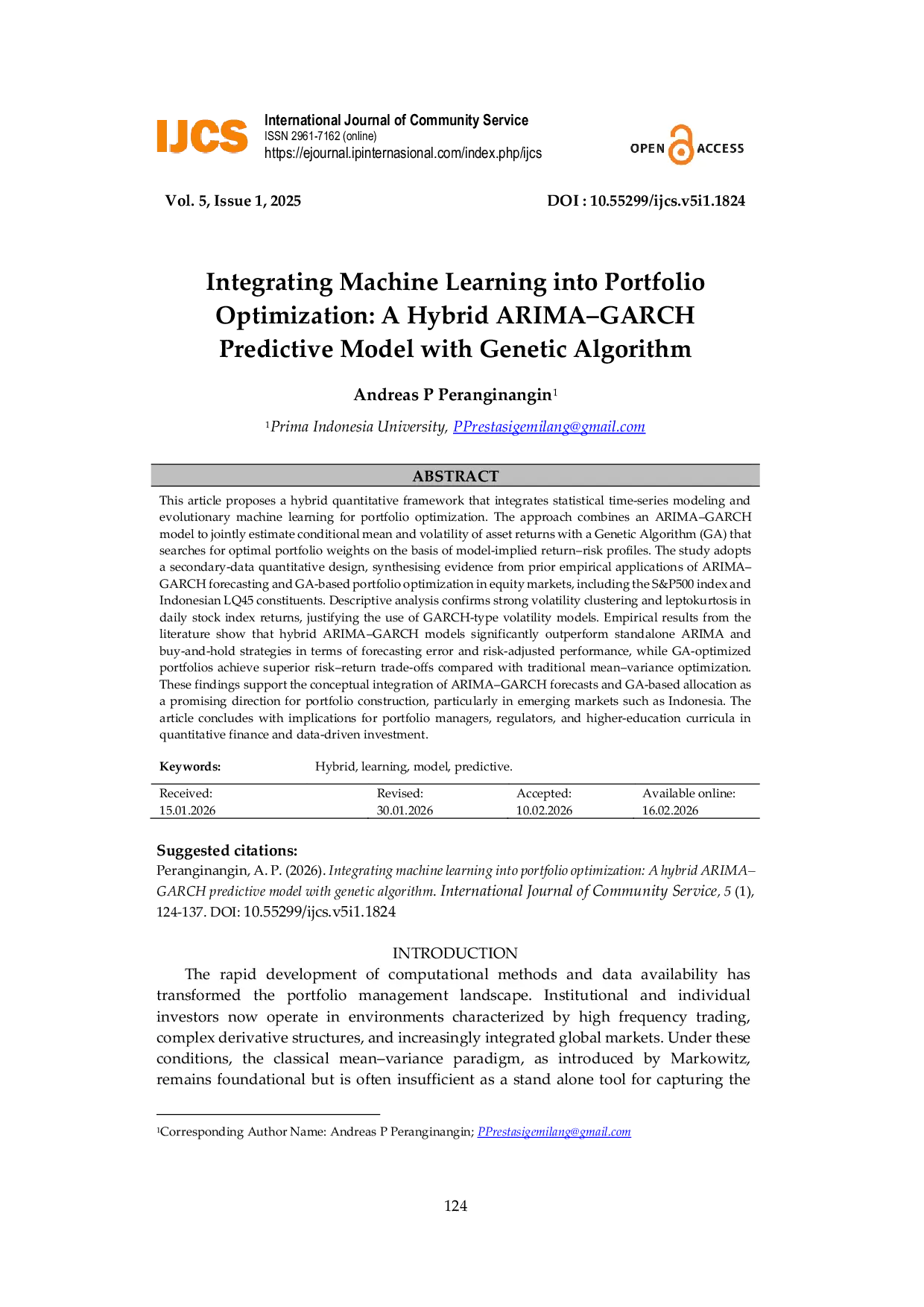 JURIS Integrating Machine Learning into Portfolio Optimization A Hybrid ARIMA GARCH Predictive Model with Genetic Algorithm
