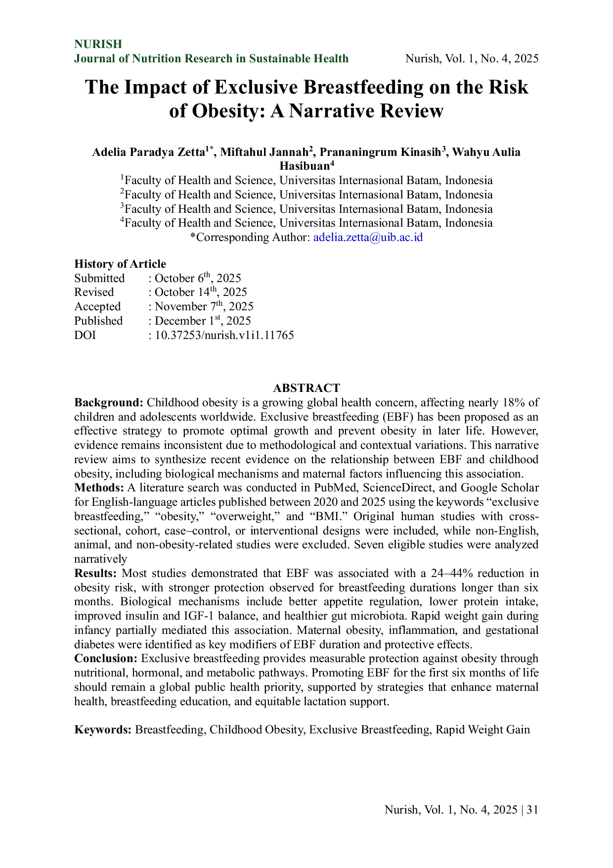 JURIS The Impact of Exclusive Breastfeeding on the Risk of Obesity A Narrative Review