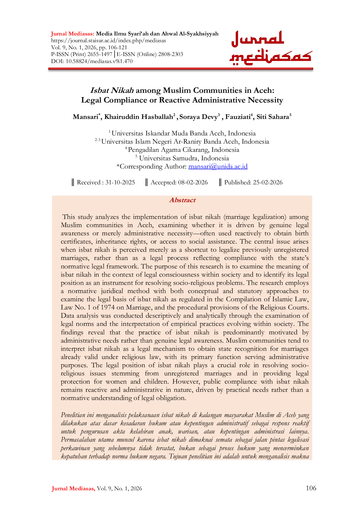 JURIS Isbat Nikah among Muslim Communities in Aceh Legal Compliance or Reactive Administrative Necessity