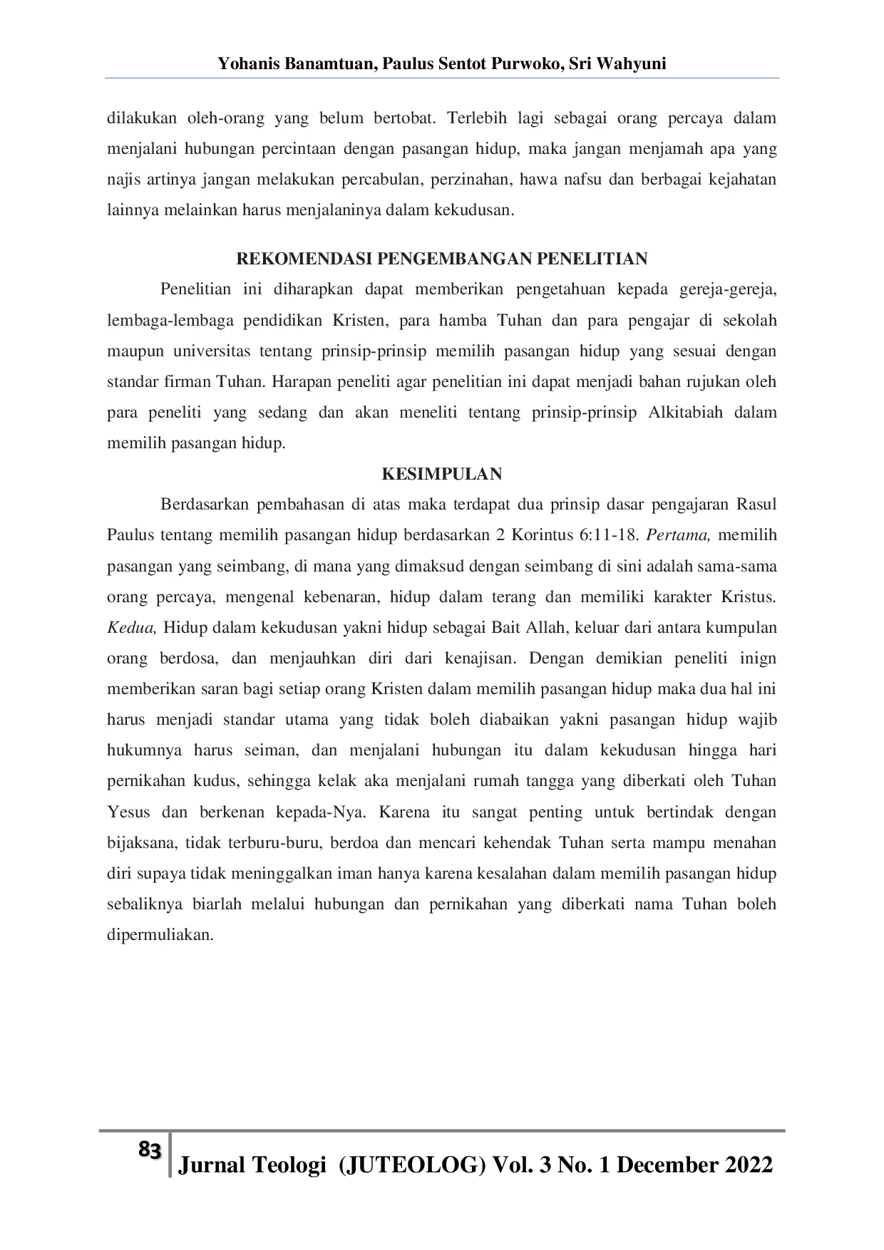 JURIS Pengajaran Rasul Paulus Tentang Memilih Pasangan Hidup Berdasarkan 2 Korintus 6 11 18