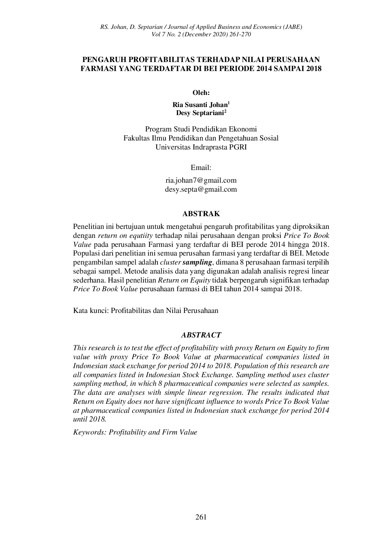 JURIS Pengaruh Profitabilitas Terhadap Nilai Perusahaan Farmasi Yang Terdaftar Di Bei Periode 2014 Sampai 2018
