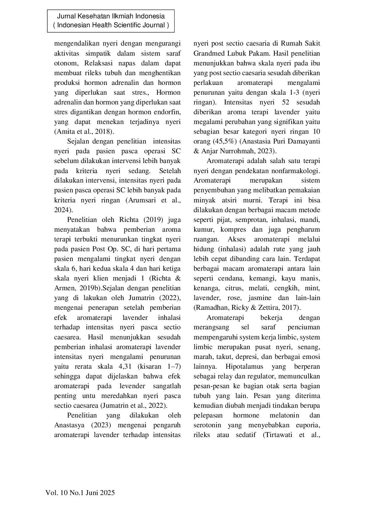 JURIS Analisis Pemberian Teknik Deep Breathing dan Aroma Terapi untuk Menurunkan Tingkat Nyeri pada Pasien Post SC di Ruang Budaga RSUD Klungkung