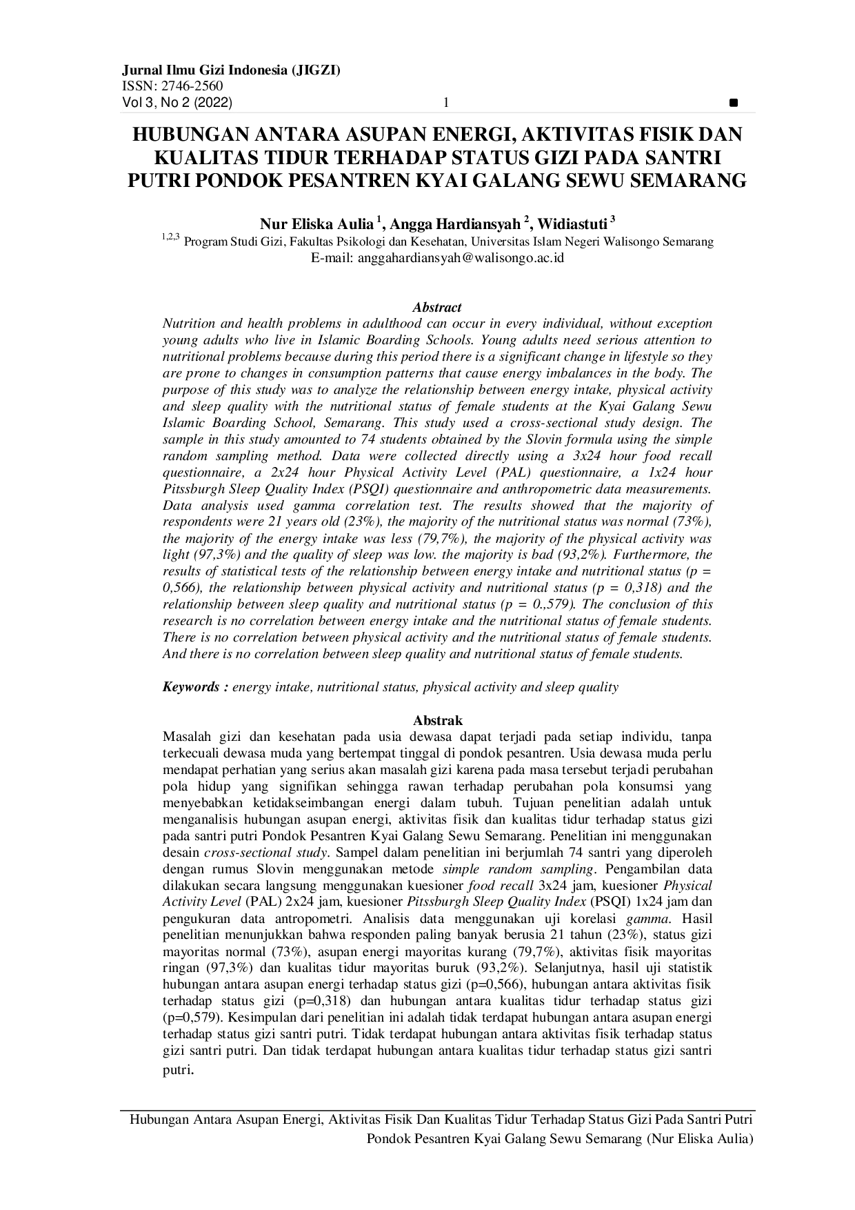 JURIS Hubungan Antara Asupan Energi Aktivitas Fisik Dan Kualitas Tidur Terhadap Status Gizi Pada Santri Putri Pondok Pesantren Kyai Galang Sewu Semarang