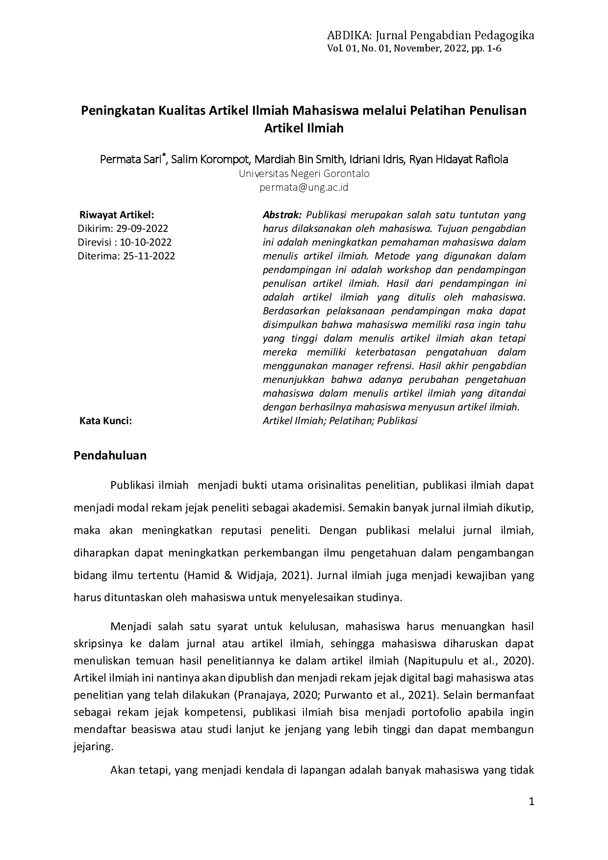 juris Peningkatan Kualitas Artikel Ilmiah Mahasiswa melalui Pelatihan Penulisan Artikel Ilmiah