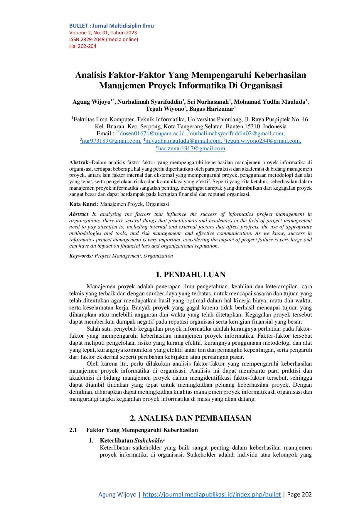 JURIS Analisis Faktor Faktor Yang Mempengaruhi Keberhasilan Manajemen Proyek Informatika Di Organisasi