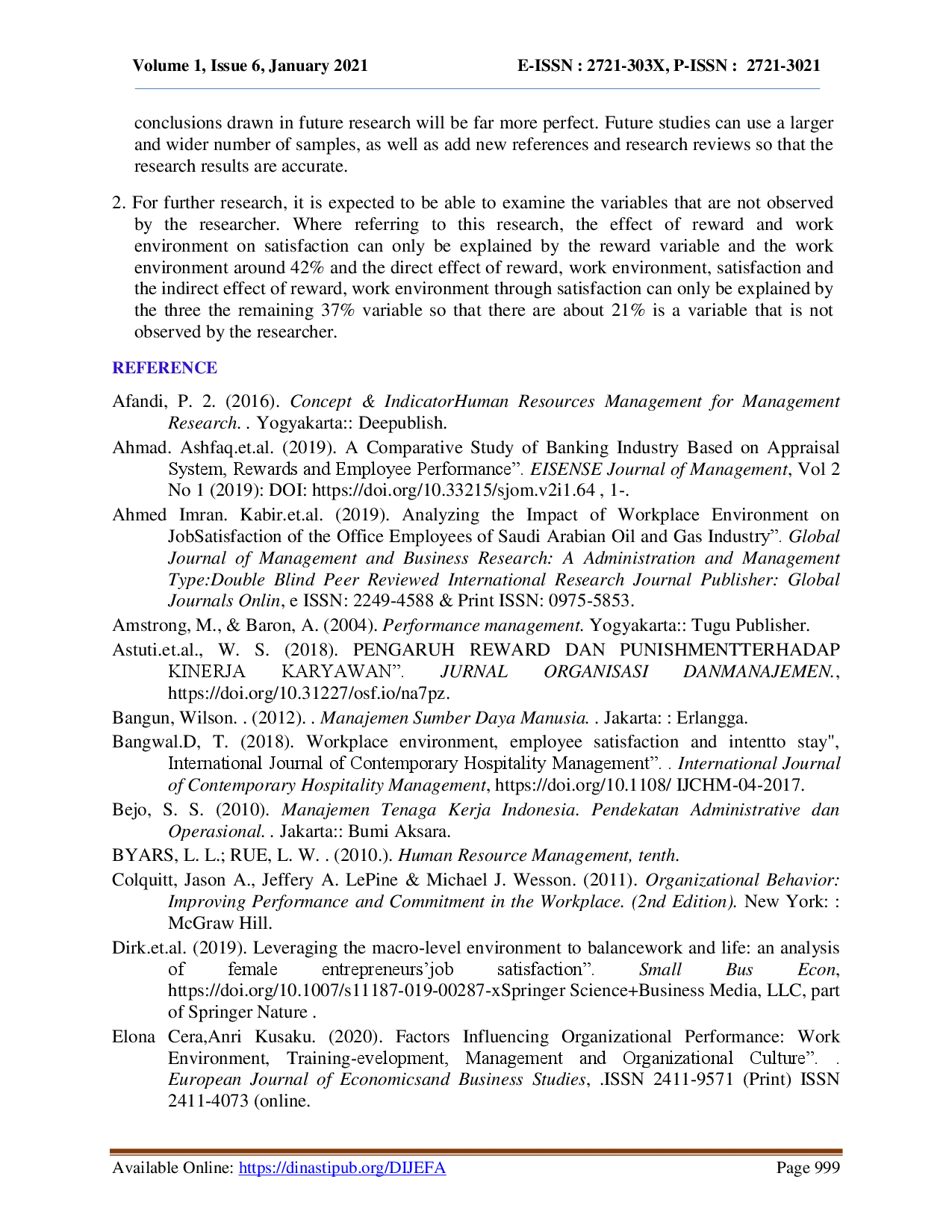 juris Effect of Reward and Work Environment on Employee Performance Through Work Satisfaction as a Mediation Study on Employees of PT International Chemical Industry