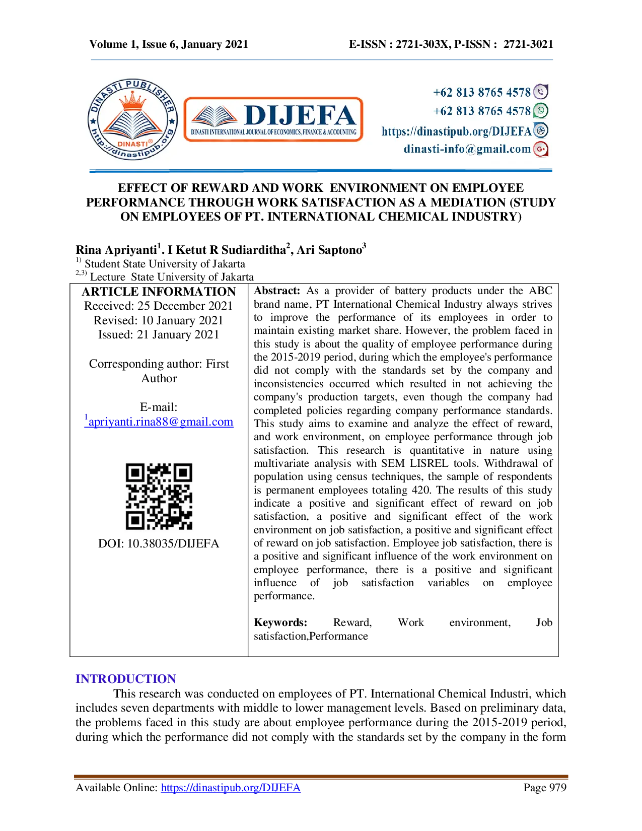 juris Effect of Reward and Work Environment on Employee Performance Through Work Satisfaction as a Mediation Study on Employees of PT International Chemical Industry