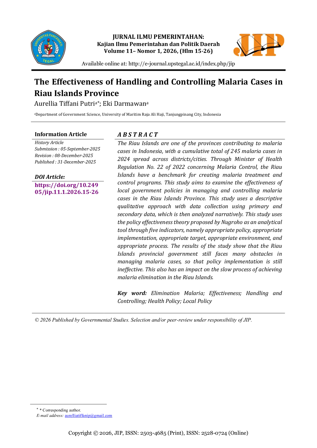 JURIS The Effectiveness of Handling and Controlling Malaria Cases in Riau Islands Province
