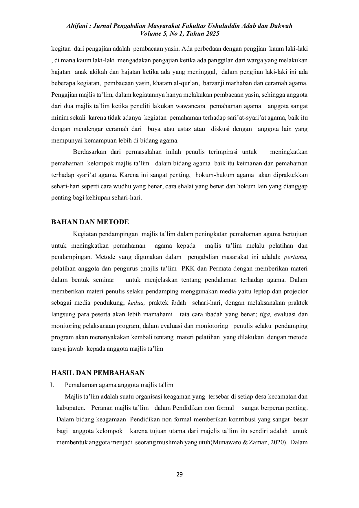 JURIS Membangun SDM unggul melalui internalisasi nilai nilai keagamaan di Desa Koto Dua Lama Kabupaten Kerinci