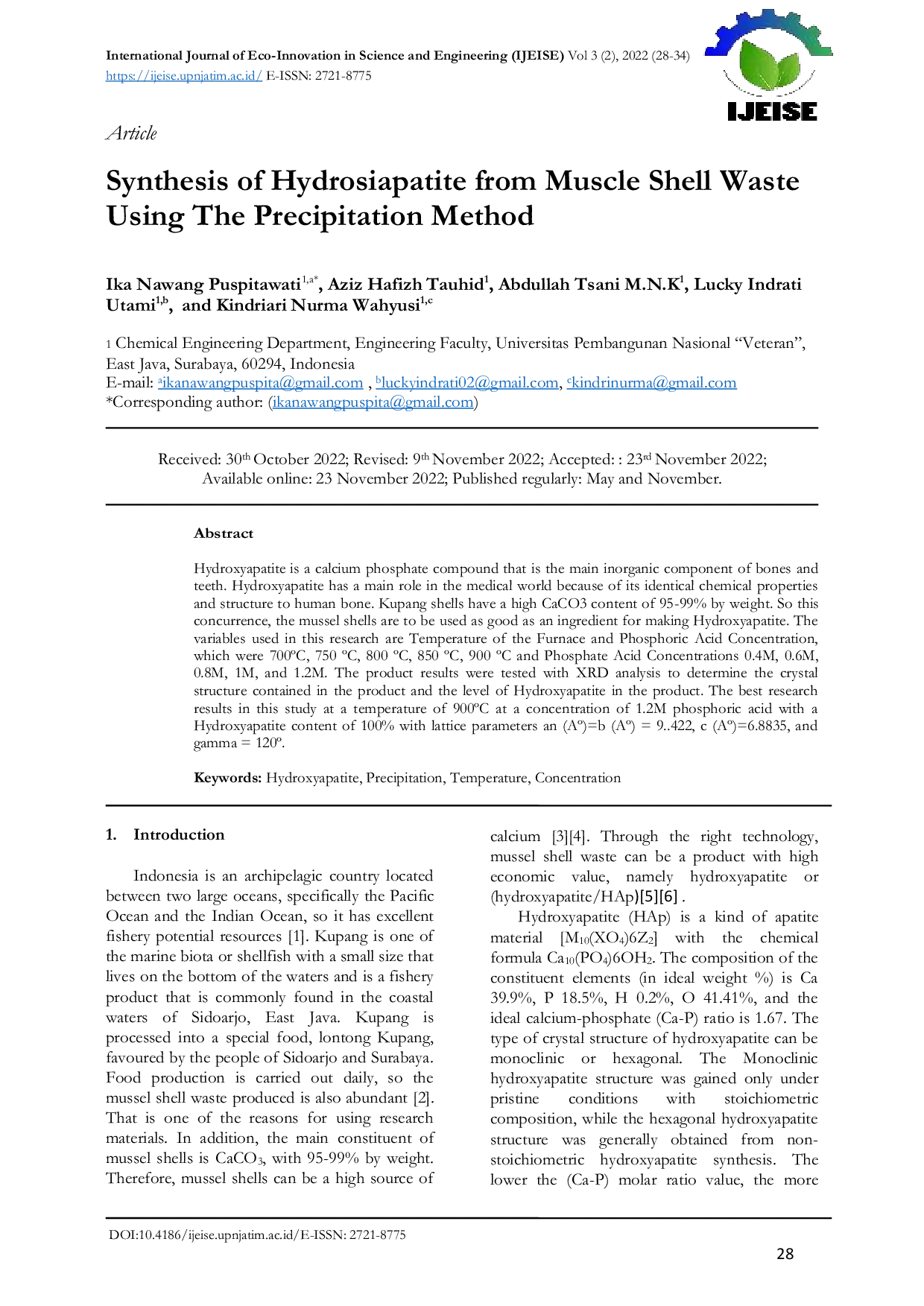 JURIS Synthesis of Hydrosiapatite from Muscle Shell Waste Using The Precipitation Method