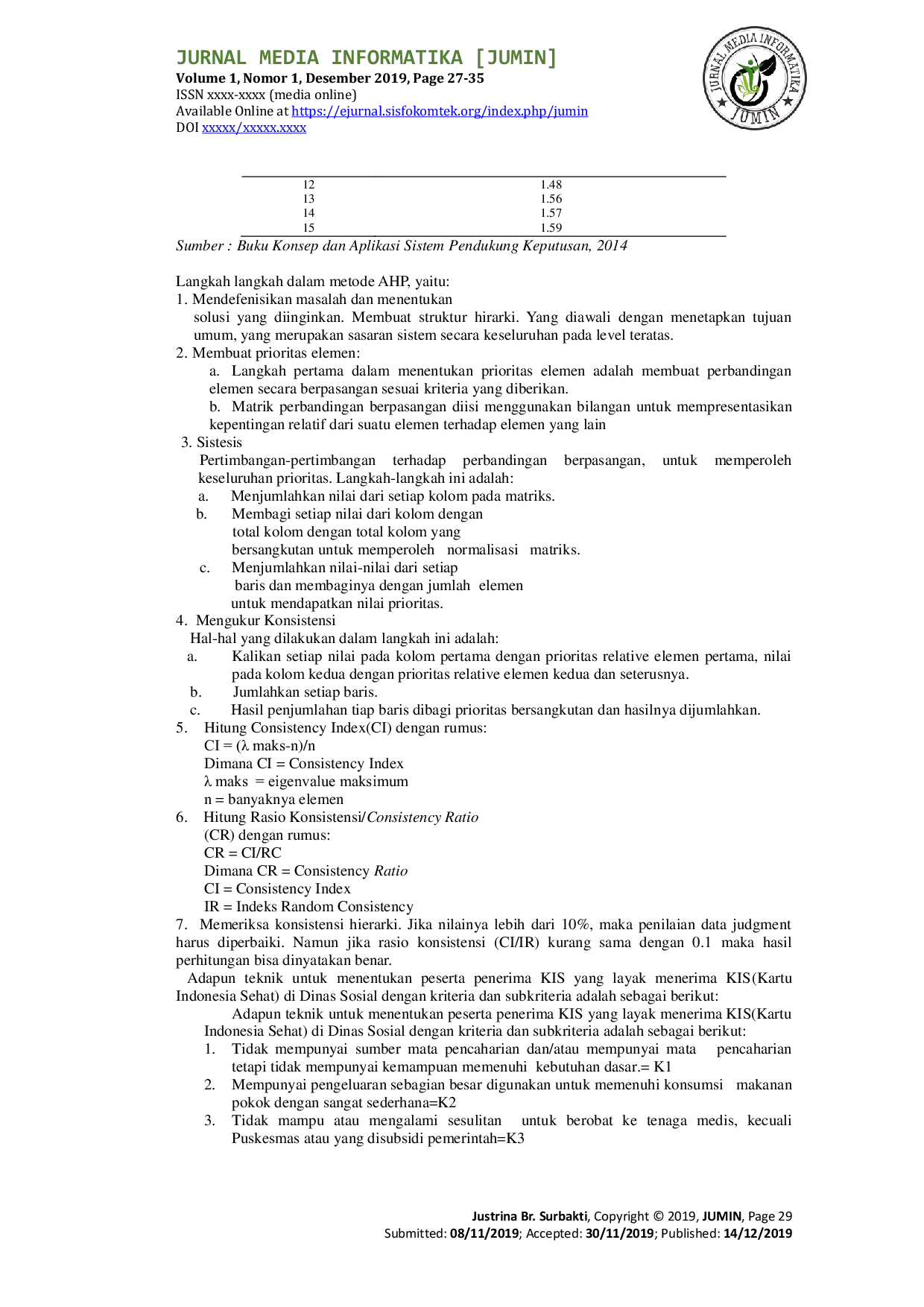 JURIS Sistem Pendukung Keputusan Penentuan Peserta KIS Kartu Indonesia Sehat Dengan Metode AHP