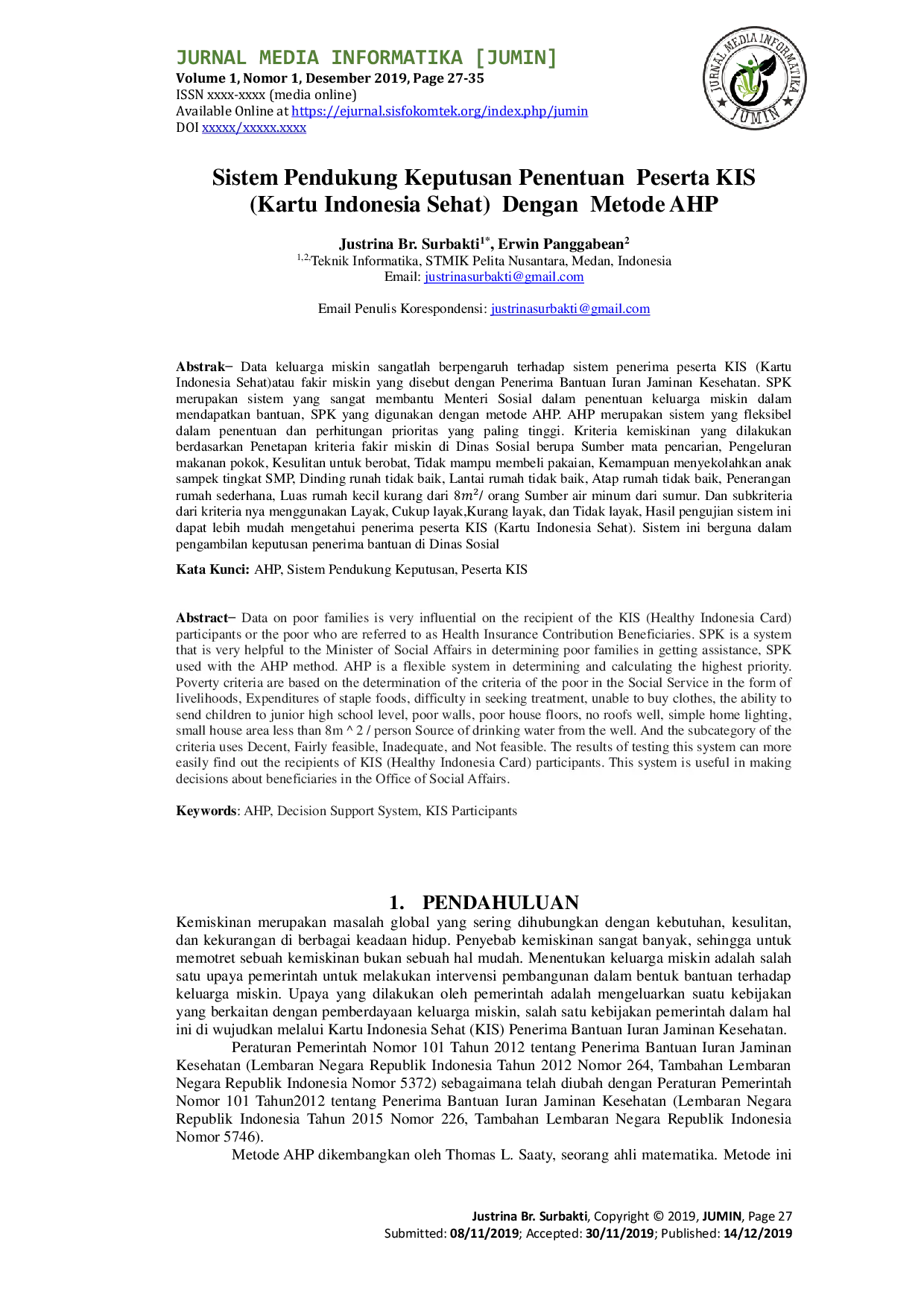 JURIS Sistem Pendukung Keputusan Penentuan Peserta KIS Kartu Indonesia Sehat Dengan Metode AHP