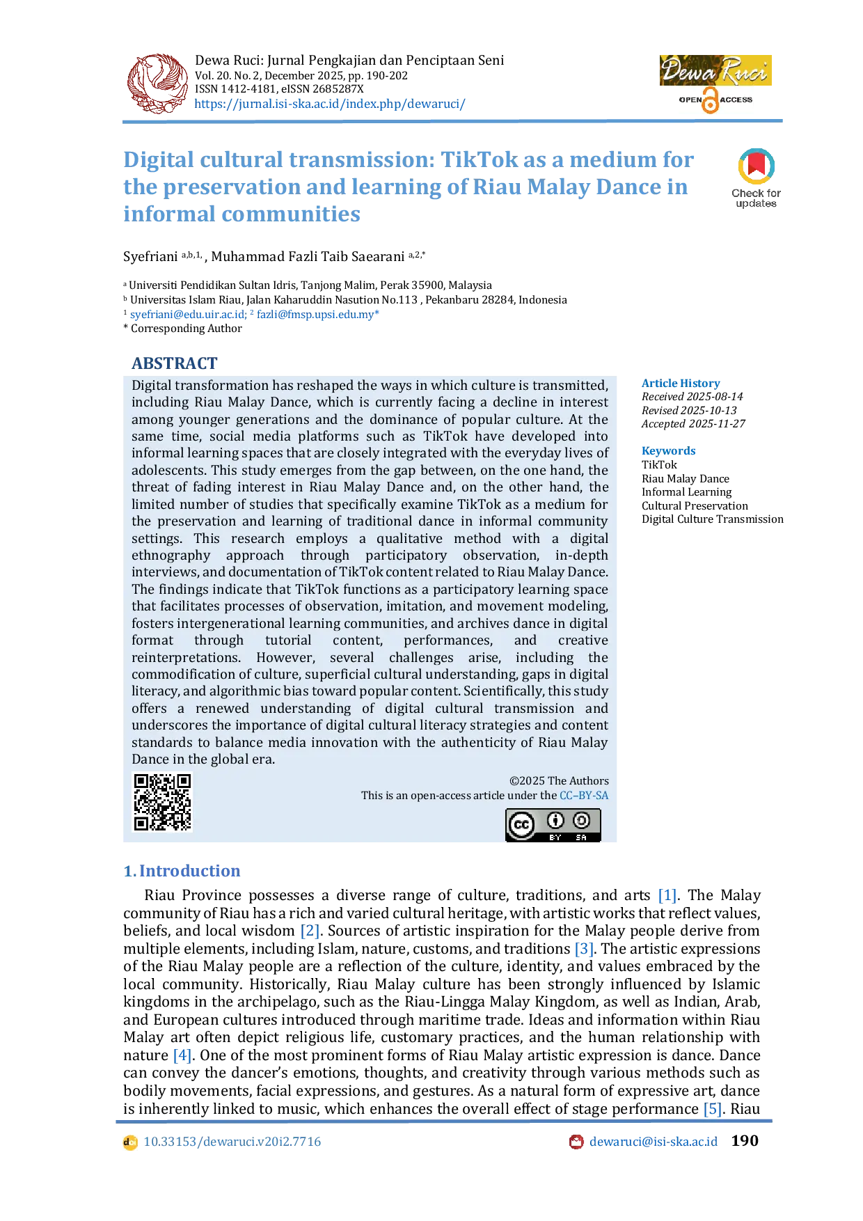JURIS Digital cultural transmission TikTok as a medium for the preservation and learning of Riau Malay Dance in informal communities