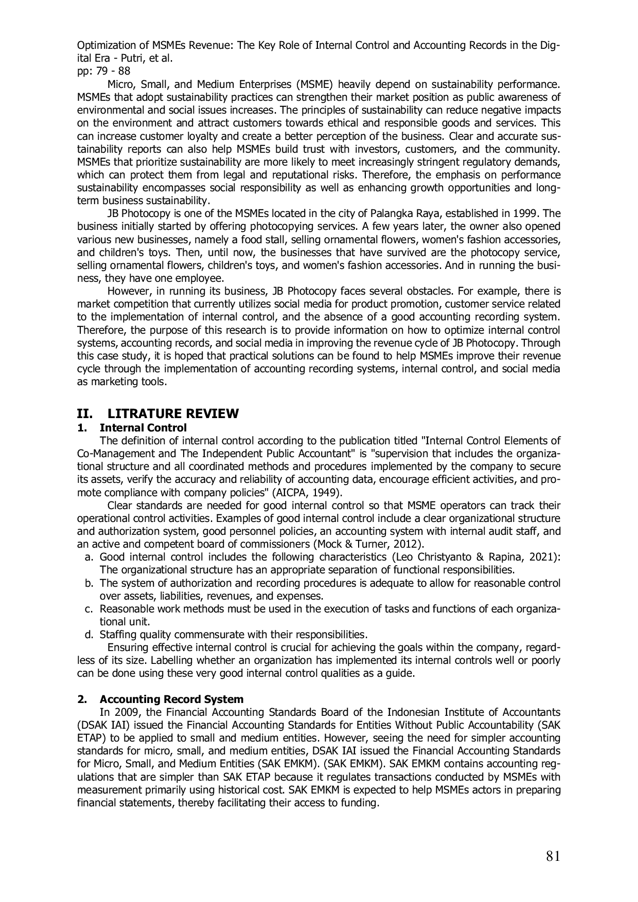 JURIS Optimization of MSMEs Revenue The Key Role of Internal Control Accounting Records and Sustainability Performance in the Digital Era