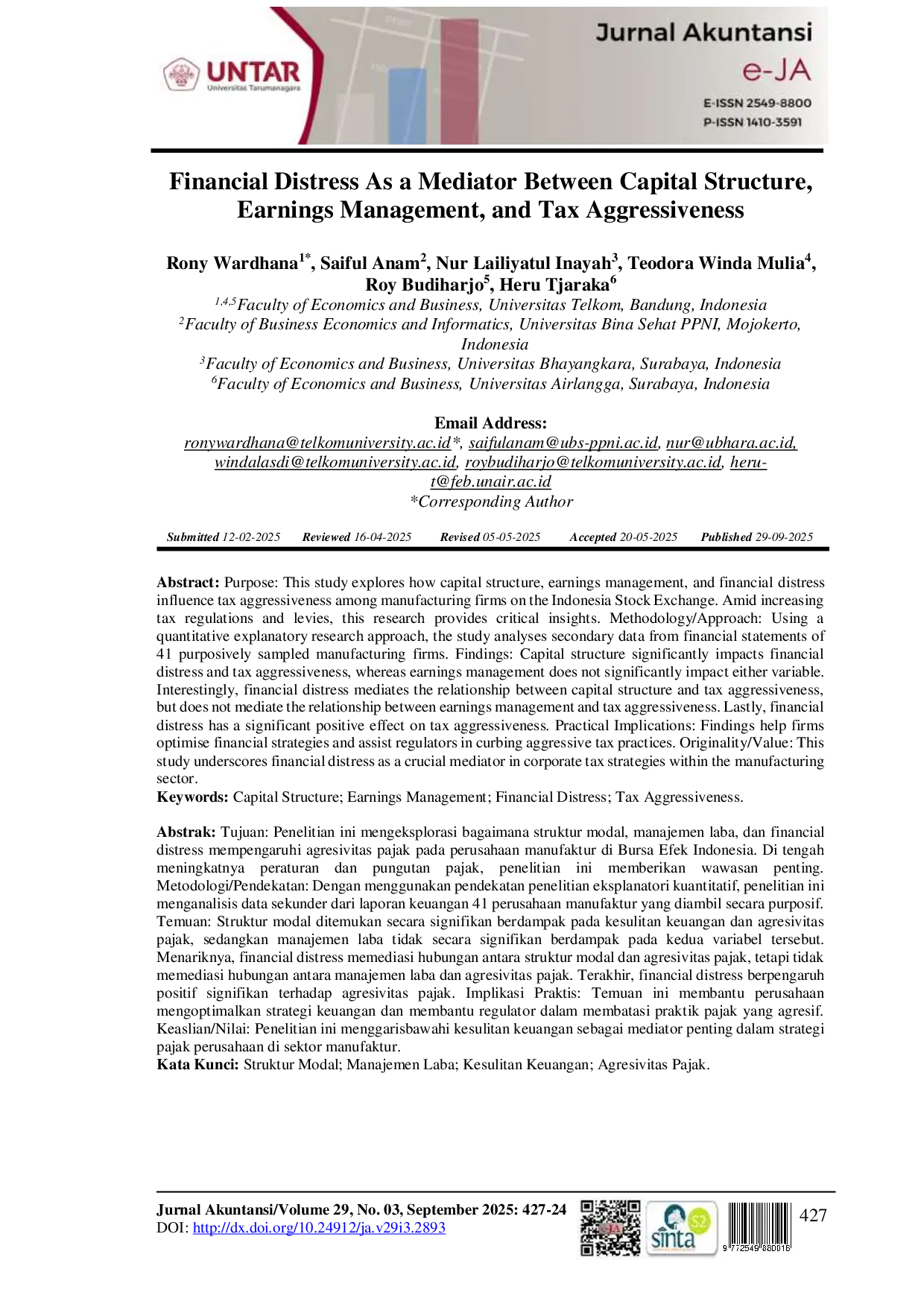 juris Financial Distress As a Mediator Between Capital Structure Earnings Management and Tax Aggressiveness