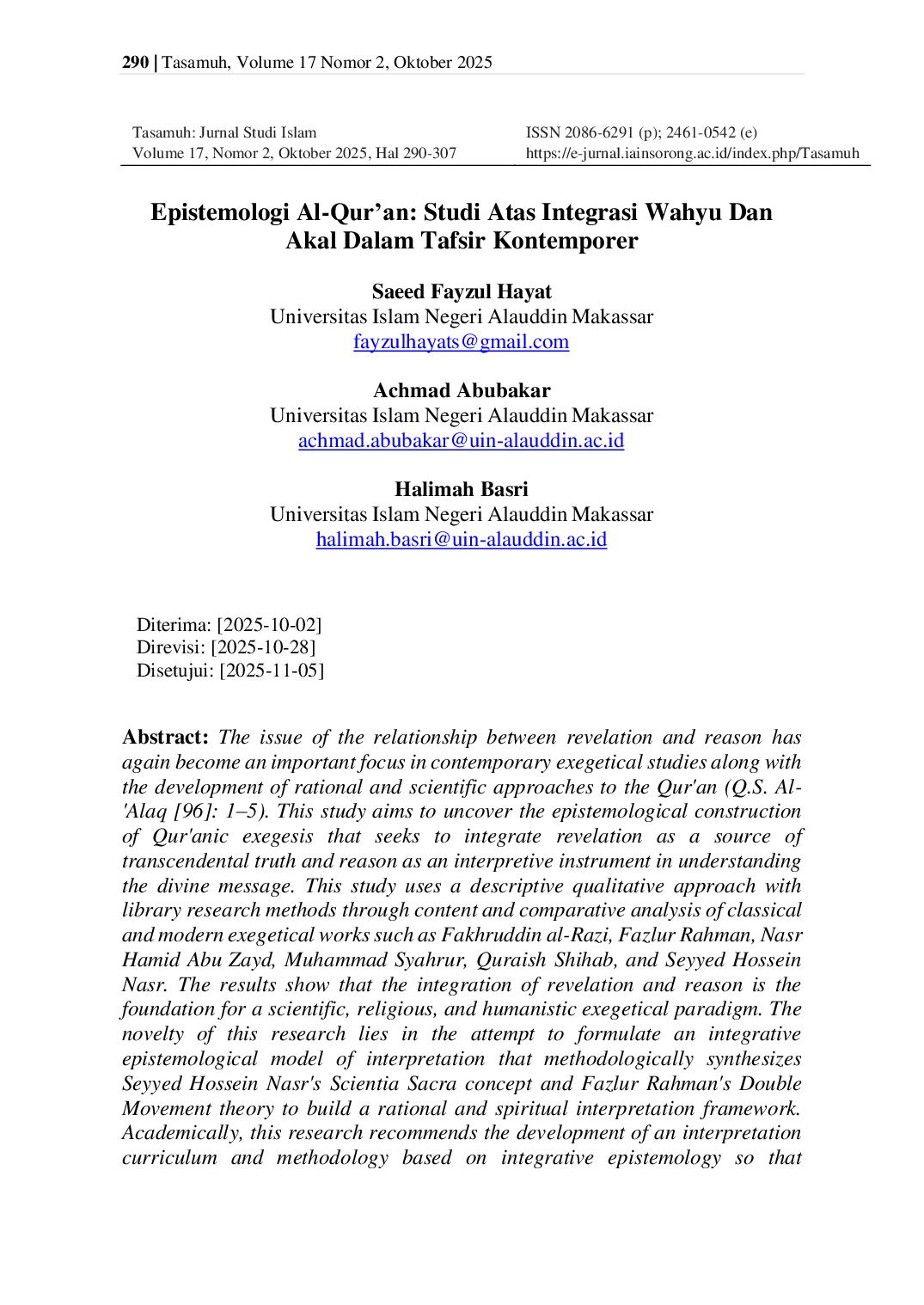 JURIS Epistemologi Al Qur an Studi Atas Integrasi Wahyu Dan Akal Dalam Tafsir Kontemporer