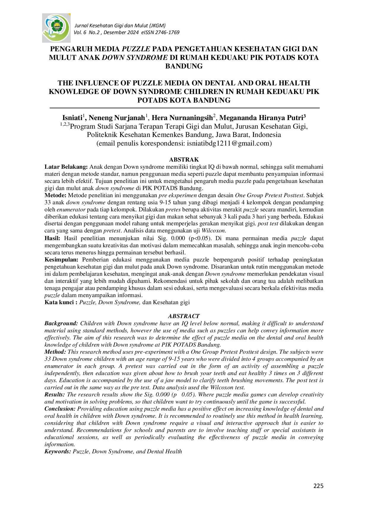 JURIS Pengaruh Media Puzzle Pada Pengetahuan Kesehatan Gigi dan Mulut Anak Down Syndrome Di Rumah Keduaku Pik Potads Kota Bandung