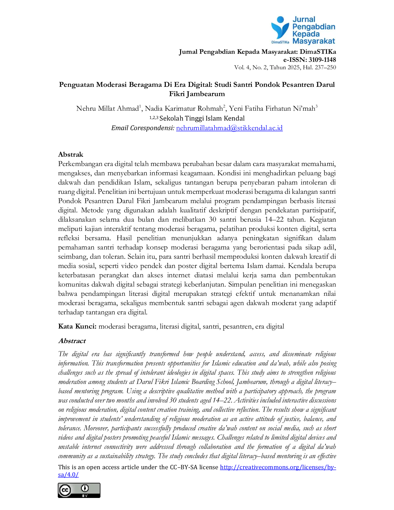 JURIS Penguatan Moderasi Beragama Di Era Digital Studi Santri Pondok Pesantren Darul Fikri Jambearum