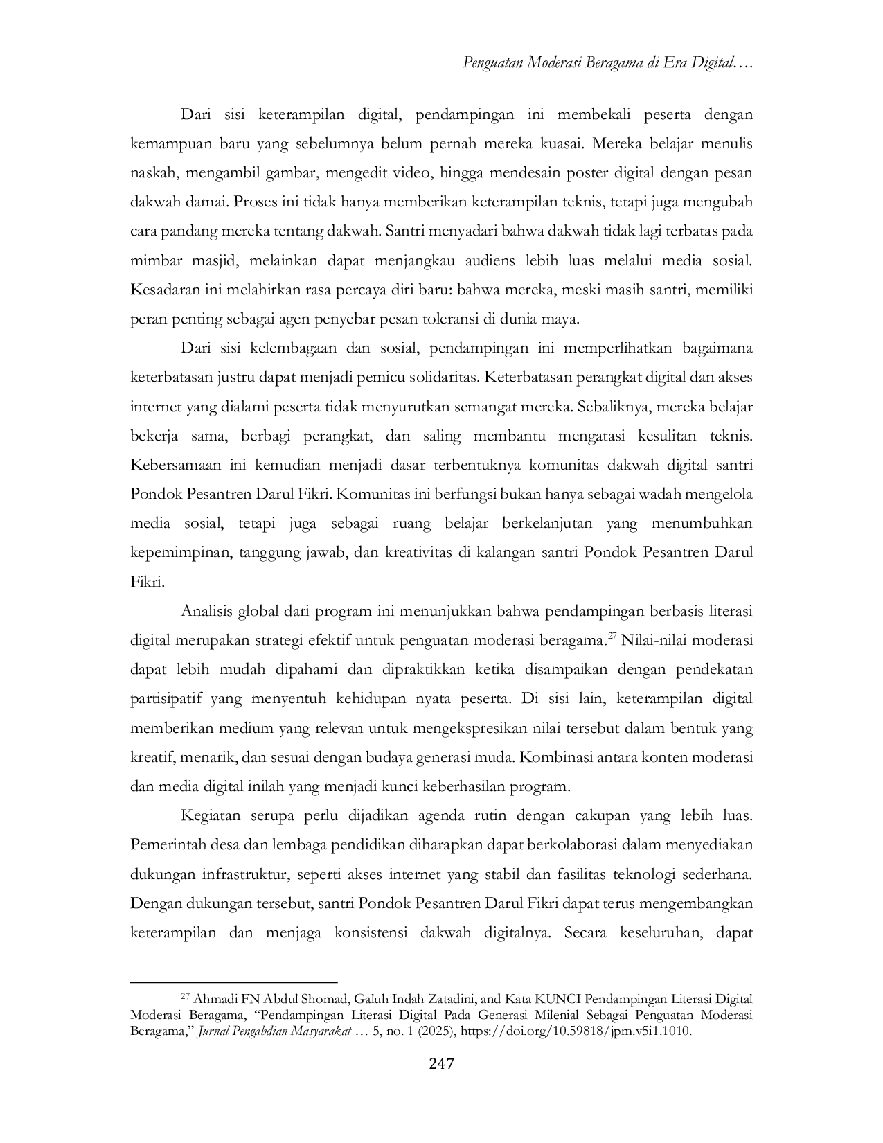 JURIS Penguatan Moderasi Beragama Di Era Digital Studi Santri Pondok Pesantren Darul Fikri Jambearum