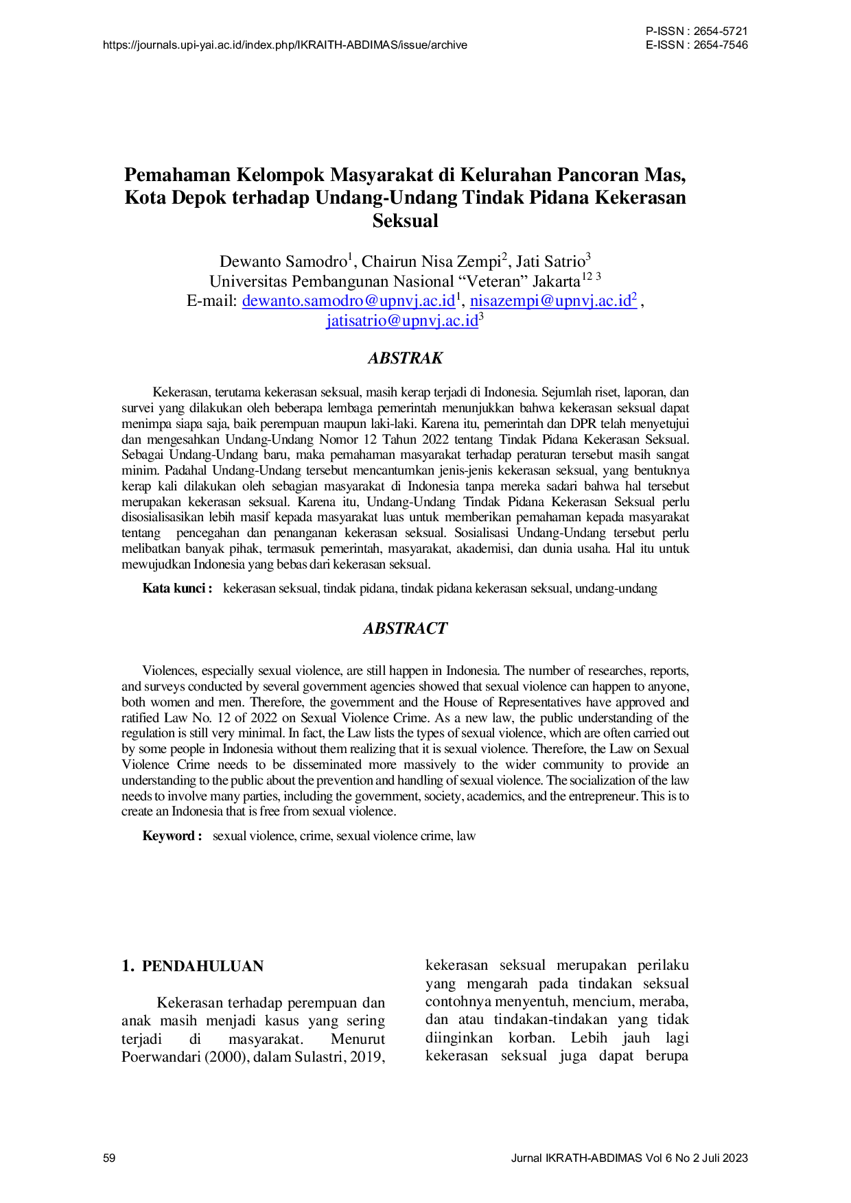 JURIS Pemahaman Kelompok Masyarakat di Kelurahan Pancoran Mas Kota Depok terhadap Undang Undang Tindak Pidana Kekerasan Seksual