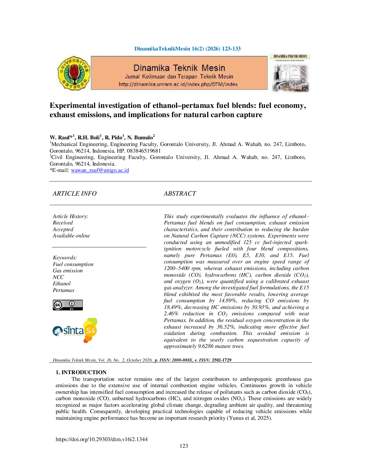 JURIS Experimental investigation of ethanol pertamax fuel blends fuel economy exhaust emissions and implications for natural carbon capture