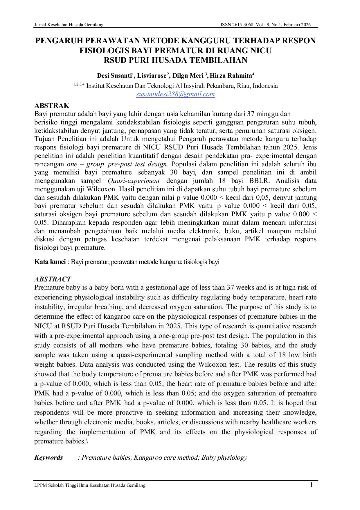 JURIS Pengaruh Perawatan Metode Kanguru Terhadap Respon Fisiologis Bayi Prematur Di Ruang NICU RSUD Puri Husada Tembilahan