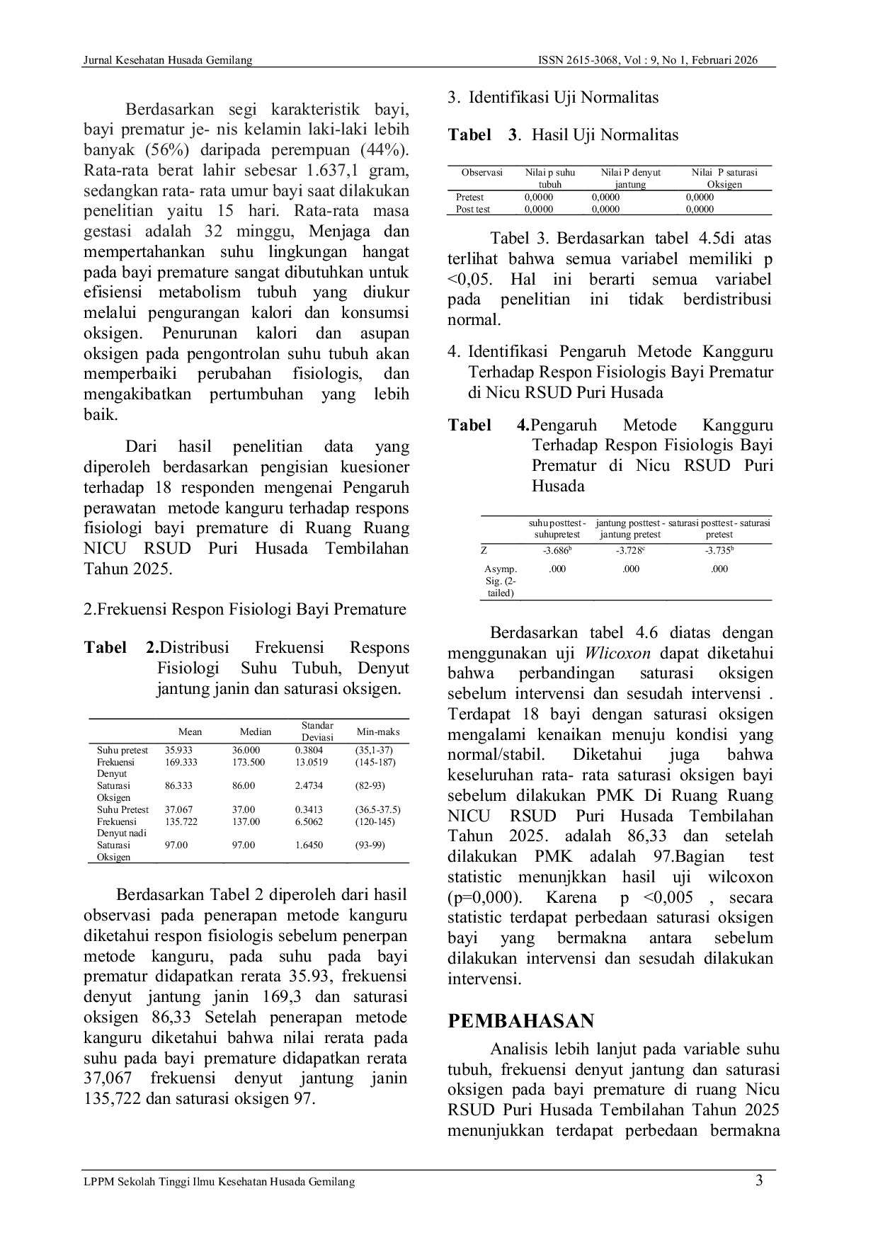 JURIS Pengaruh Perawatan Metode Kanguru Terhadap Respon Fisiologis Bayi Prematur Di Ruang NICU RSUD Puri Husada Tembilahan