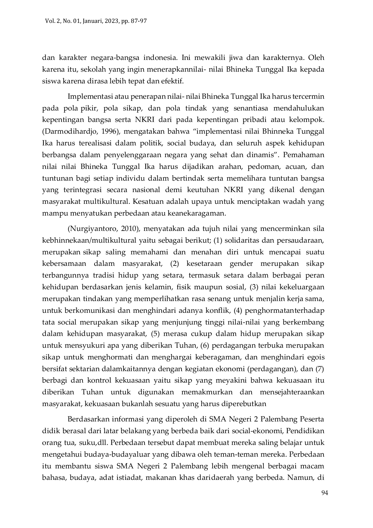 JURIS Penanaman Nilai Bhinneka Tunggal Ika dan Nilai Pancasila di SMA Negeri 2 Palembang