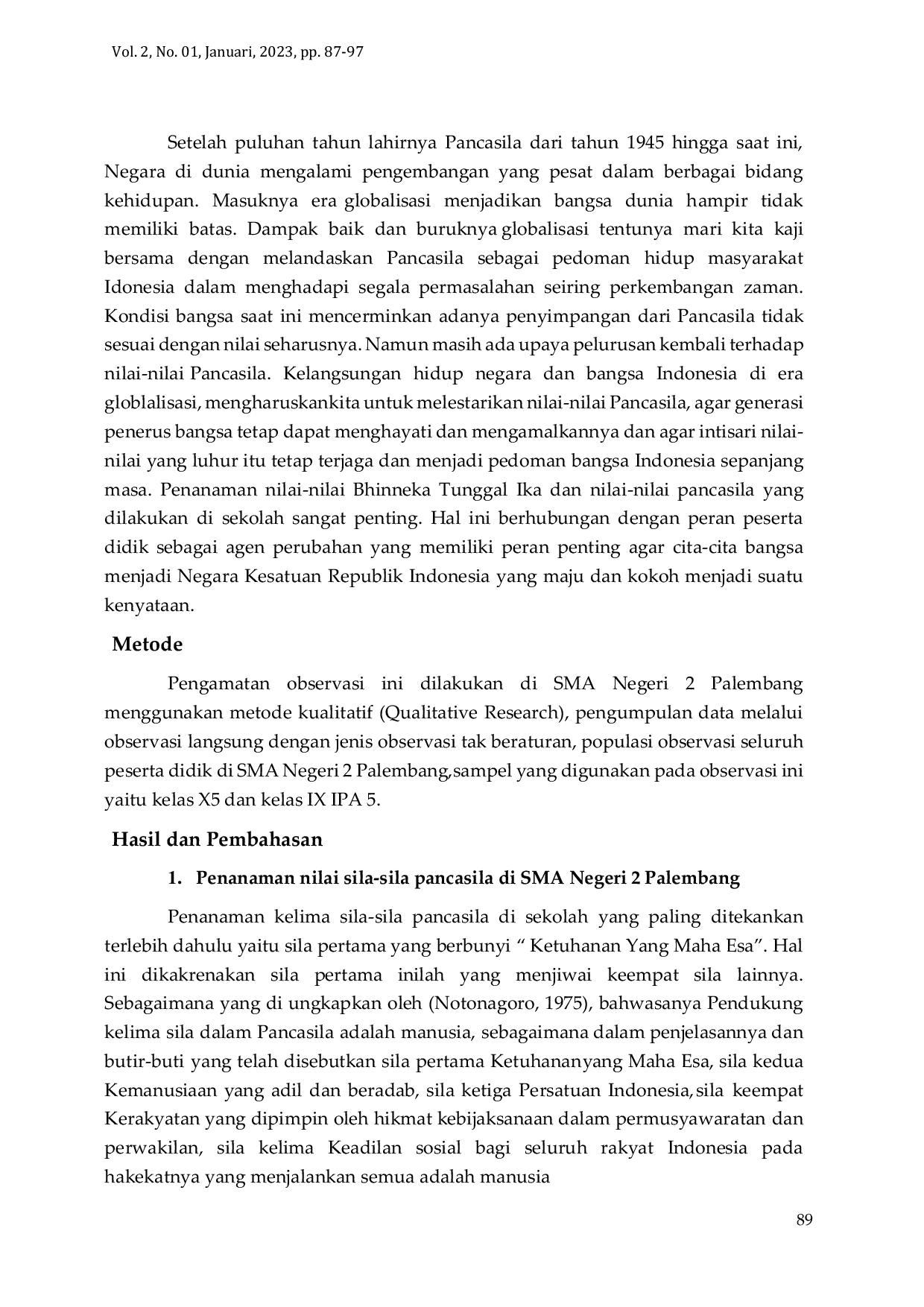 JURIS Penanaman Nilai Bhinneka Tunggal Ika dan Nilai Pancasila di SMA Negeri 2 Palembang