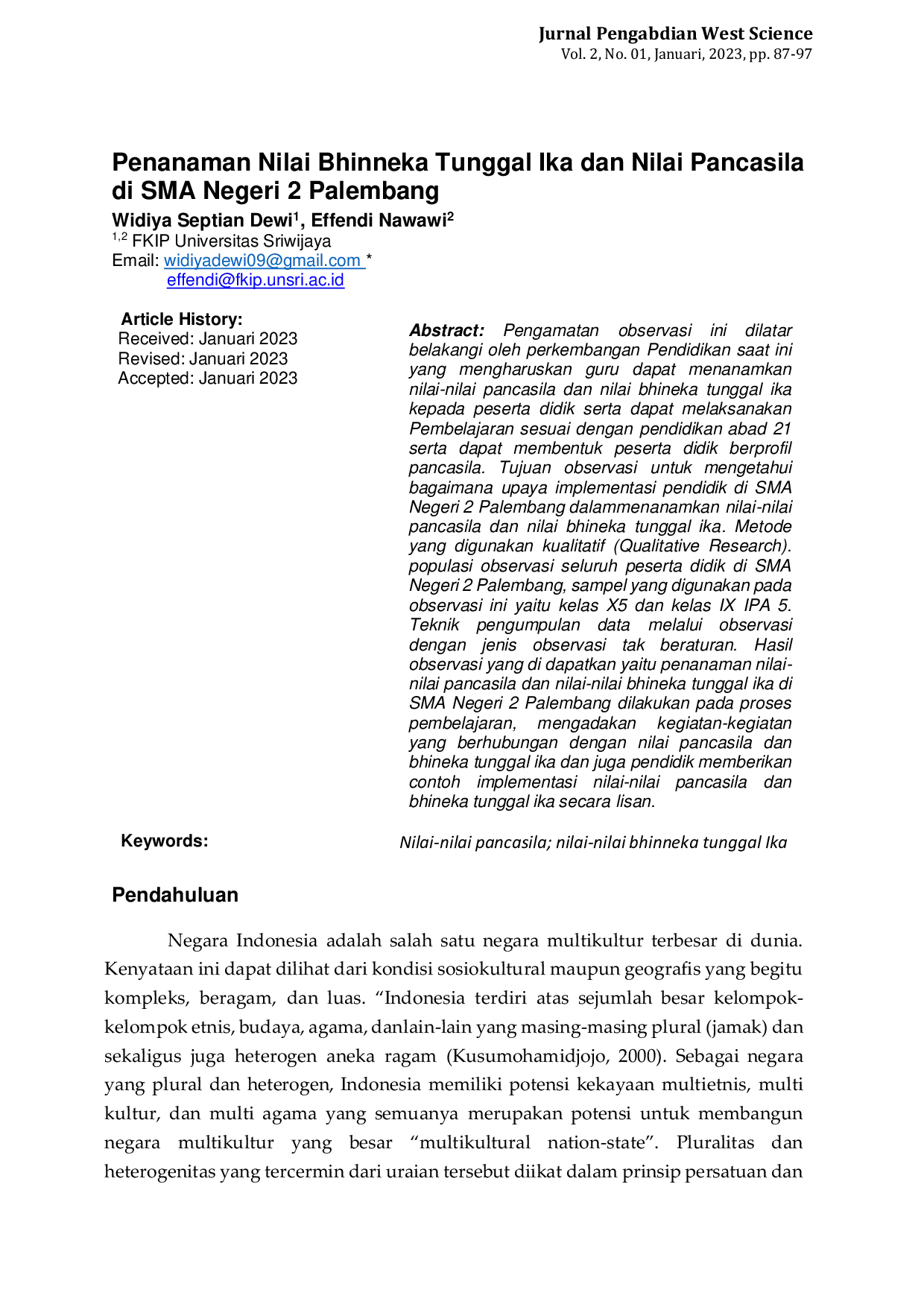 JURIS Penanaman Nilai Bhinneka Tunggal Ika dan Nilai Pancasila di SMA Negeri 2 Palembang