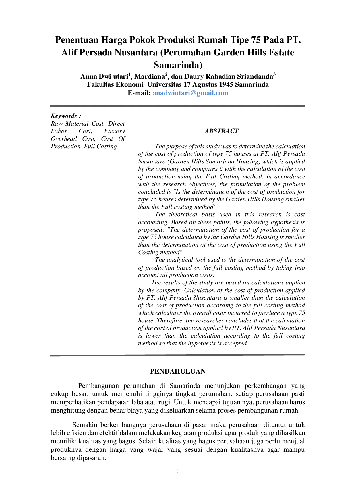 JURIS Penentuan Harga Pokok Produksi Rumah Tipe 75 Pada PT Alif Persada Nusantara Perumahan Garden Hills Estate Samarinda