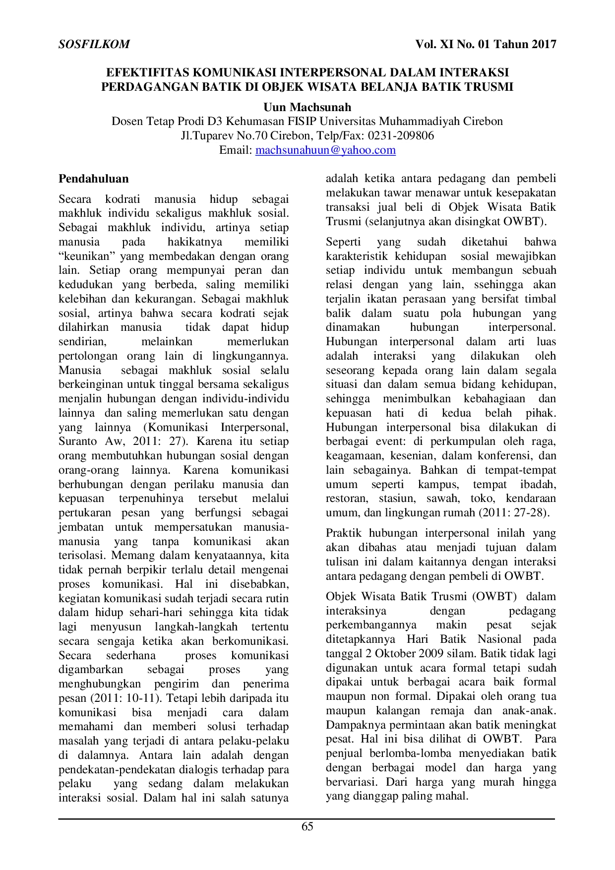 JURIS Efektivitas Komunikasi Interpersonal dalam Interaksi Perdagangan Batik di Objek Wisata Belanja Batik Trusmi