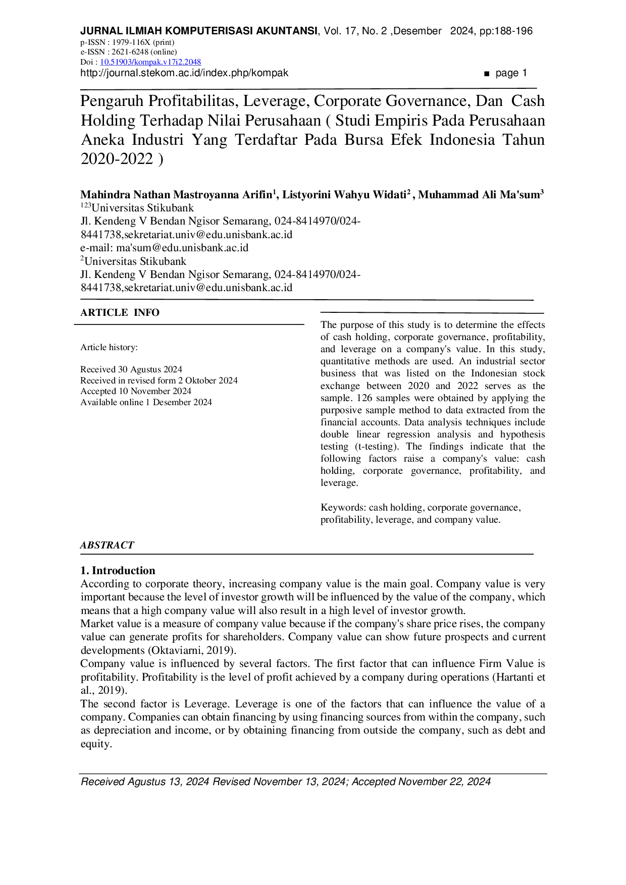 JURIS Pengaruh Profitabilitas Leverage Corporate Governance Dan Cash Holding Terhadap Nilai Perusahaan Studi Empiris Pada Perusahaan Aneka Industri Yang Terdaftar Pada Bursa Efek Indonesia Tahun 2020