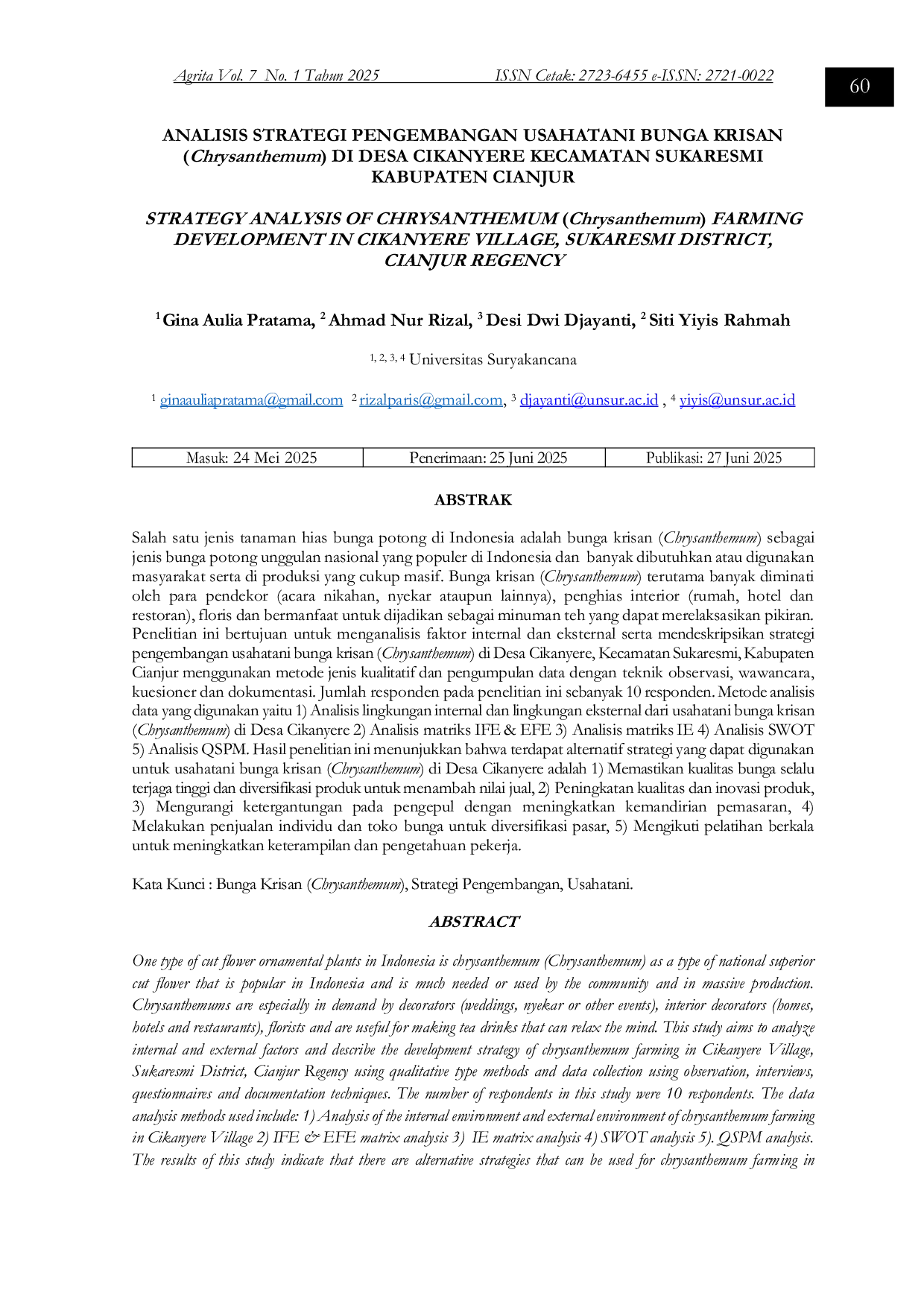JURIS ANALISIS STRATEGI PENGEMBANGAN USAHATANI BUNGA KRISAN Chrysanthemum DI DESA CIKANYERE KECAMATAN SUKARESMI KABUPATEN CIANJUR