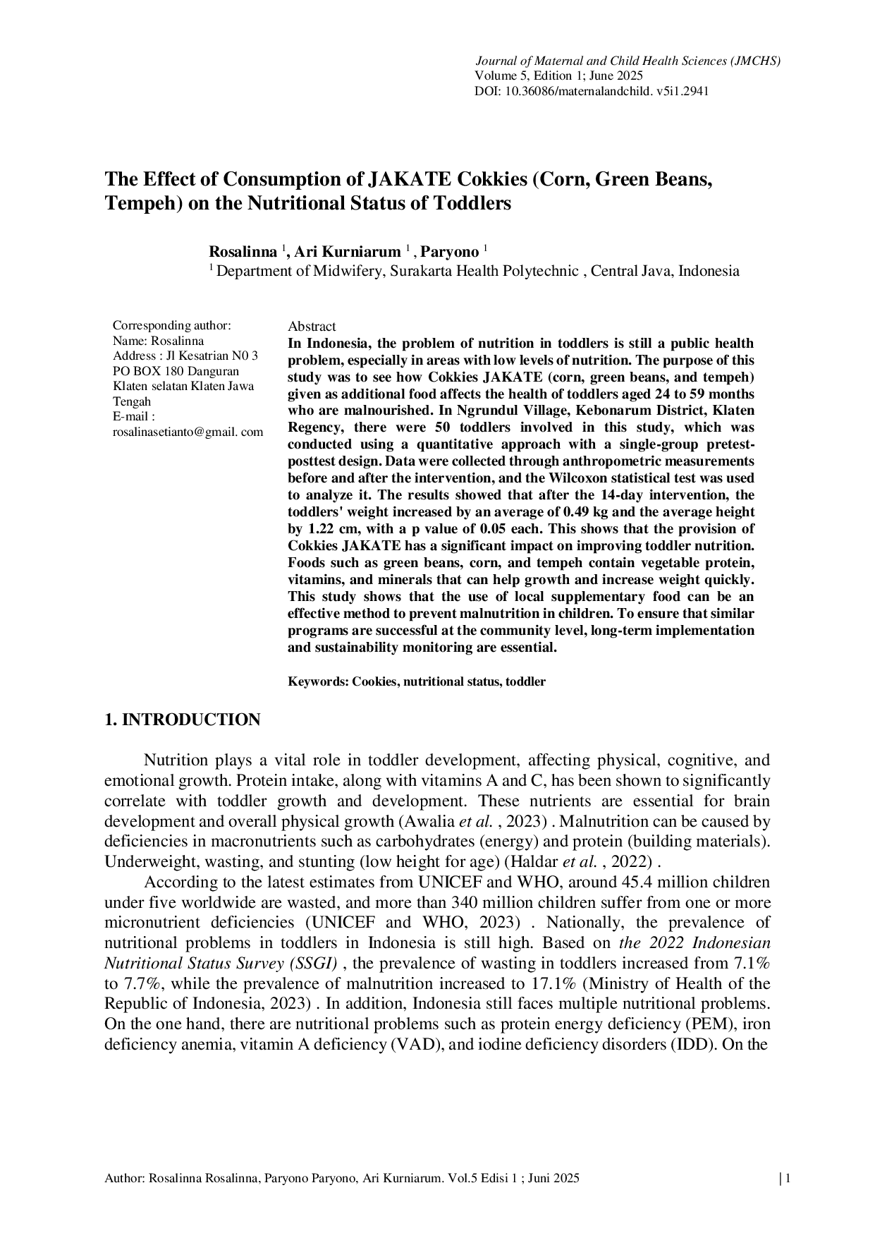 JURIS The Effect of Consumption of JAKATE Cokkies Corn Green Beans Tempeh on the Nutritional Status of Toddlers