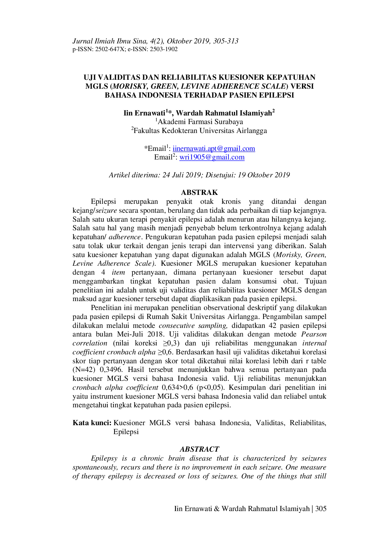 JURIS Uji Validitas dan Reliabilitas Kuesioner Kepatuhan MGLS Morisky Green Levine Adherence Scale Versi Bahasa Indonesia Terhadap Pasien Epilepsi
