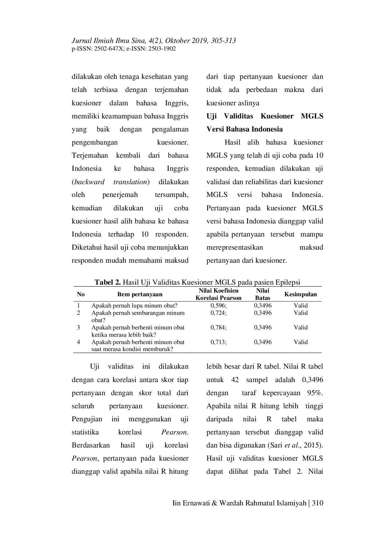 JURIS Uji Validitas dan Reliabilitas Kuesioner Kepatuhan MGLS Morisky Green Levine Adherence Scale Versi Bahasa Indonesia Terhadap Pasien Epilepsi