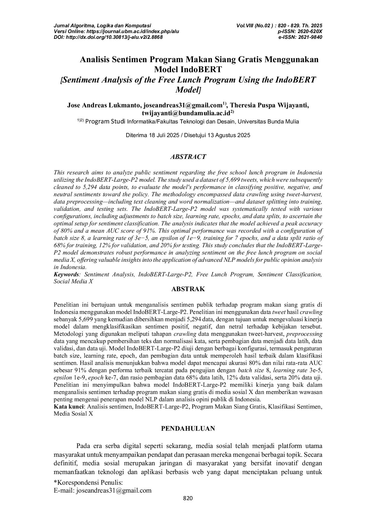 JURIS Analisis Sentimen Program Makan Siang Gratis Menggunakan Model IndoBERT