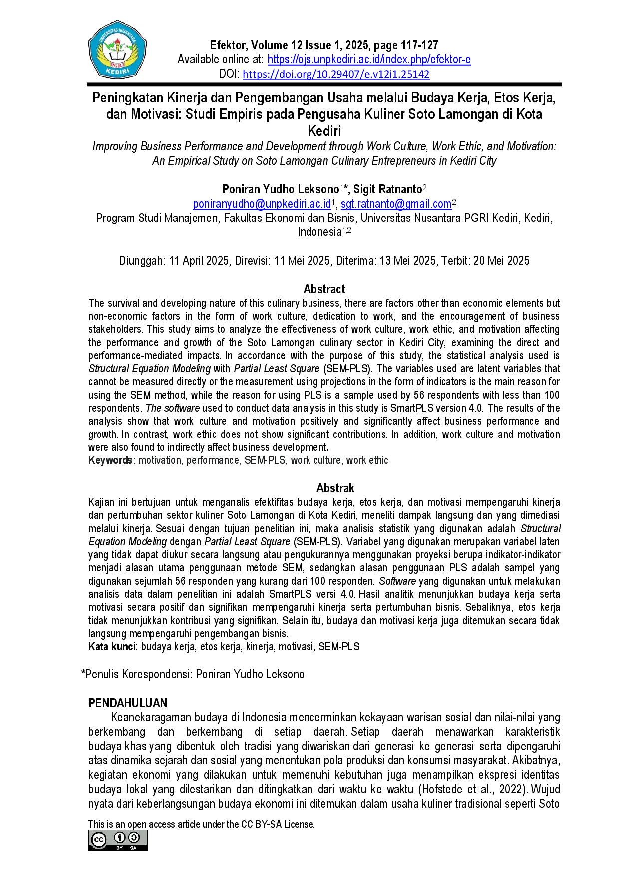 juris Improving Business Performance and Development through Work Culture Work Ethic and Motivation An Empirical Study on Soto Lamongan Culinary Entrepreneurs in Kediri City