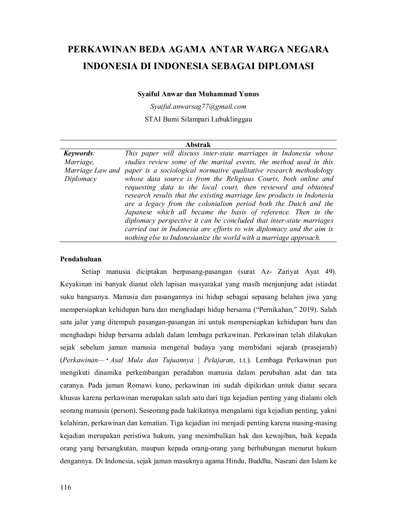 JURIS PERKAWINAN BEDA AGAMA ANTAR WARGA NEGARA INDONESIA DI INDONESIA SEBAGAI DIPLOMASI