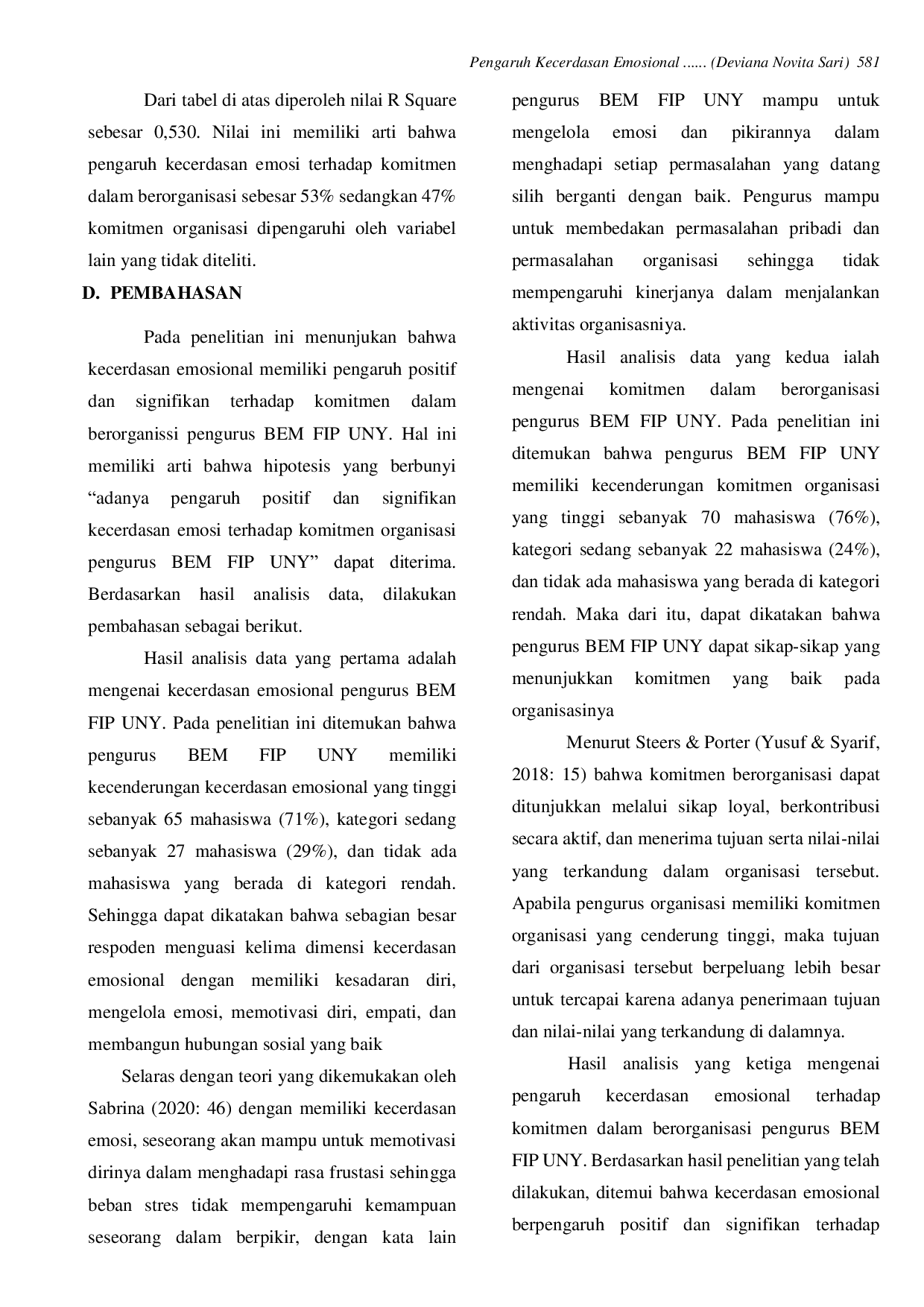 JURIS Pengaruh Kecerdasan Emosional Terhadap Komitmen Dalam Berorganisasi Pengurus Badan Eksekutif Mahasiswa Fakultas Ilmu Pendidikan Universitas Negeri Yogyakarta